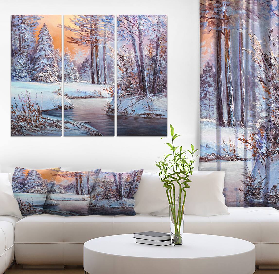 Designart - Forest in Winter Sunset - Landscapes Painting Print on Wrapped Canvas set