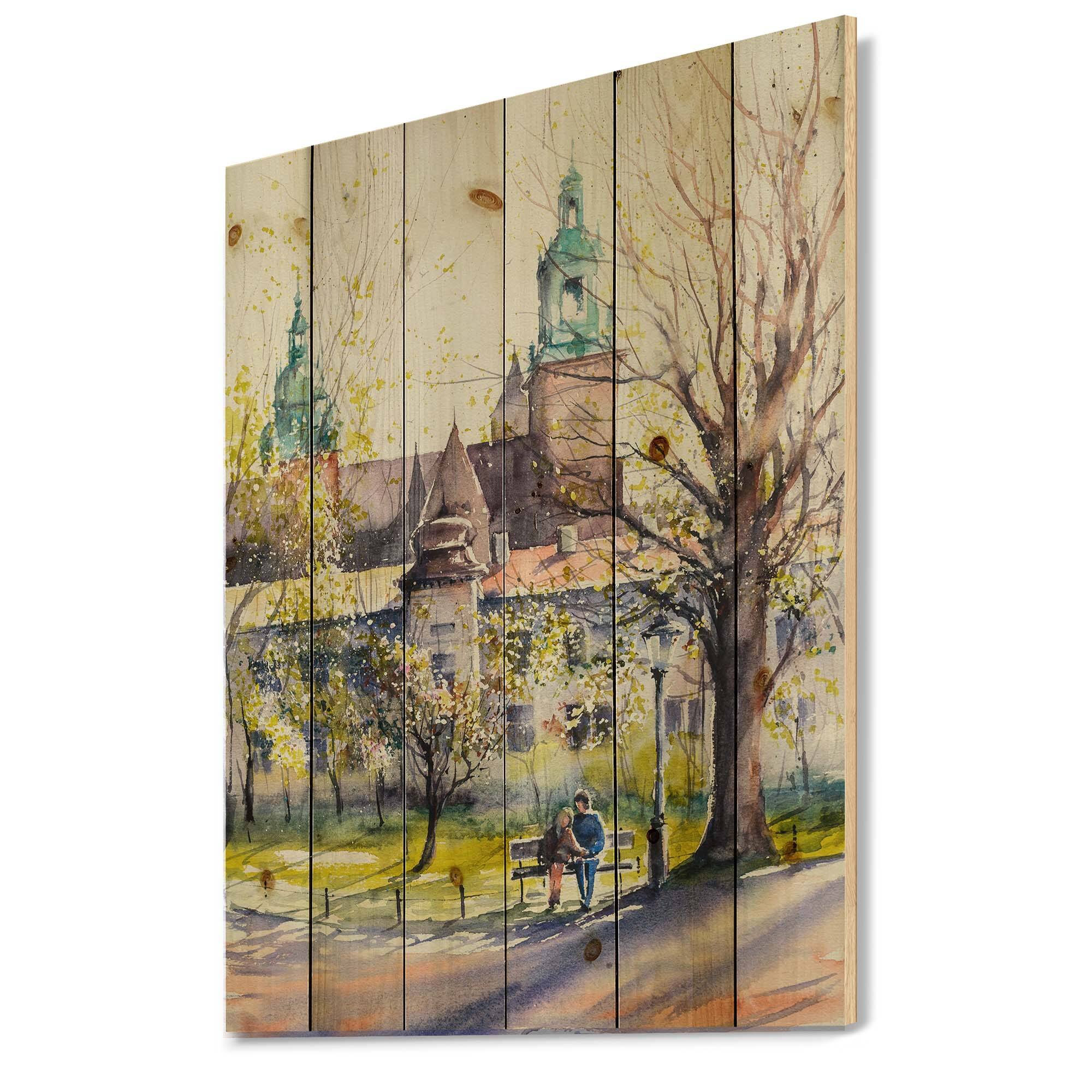 Designart - Castel Through The Trees of The Park - Country Print on Natural Pine Wood
