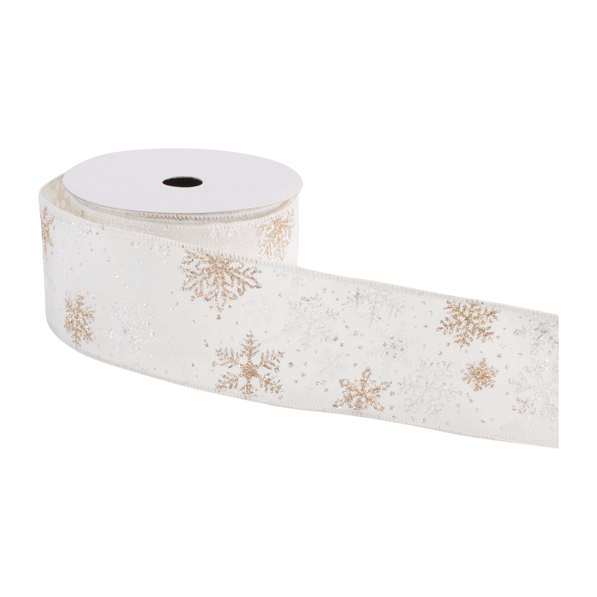 Melrose 2.5" x 10yd. White & Gold Snowflake Wired Ribbon