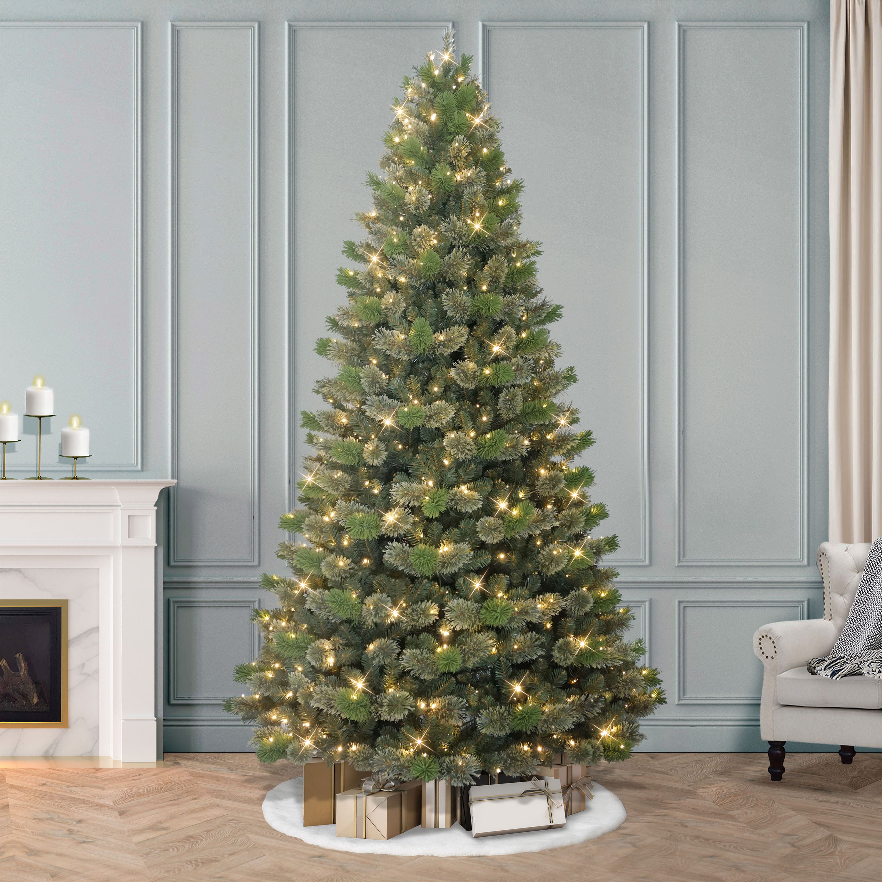 9ft. Pre-Lit Artificial Oklahoma Pine Tree, Warm White LED Lights
