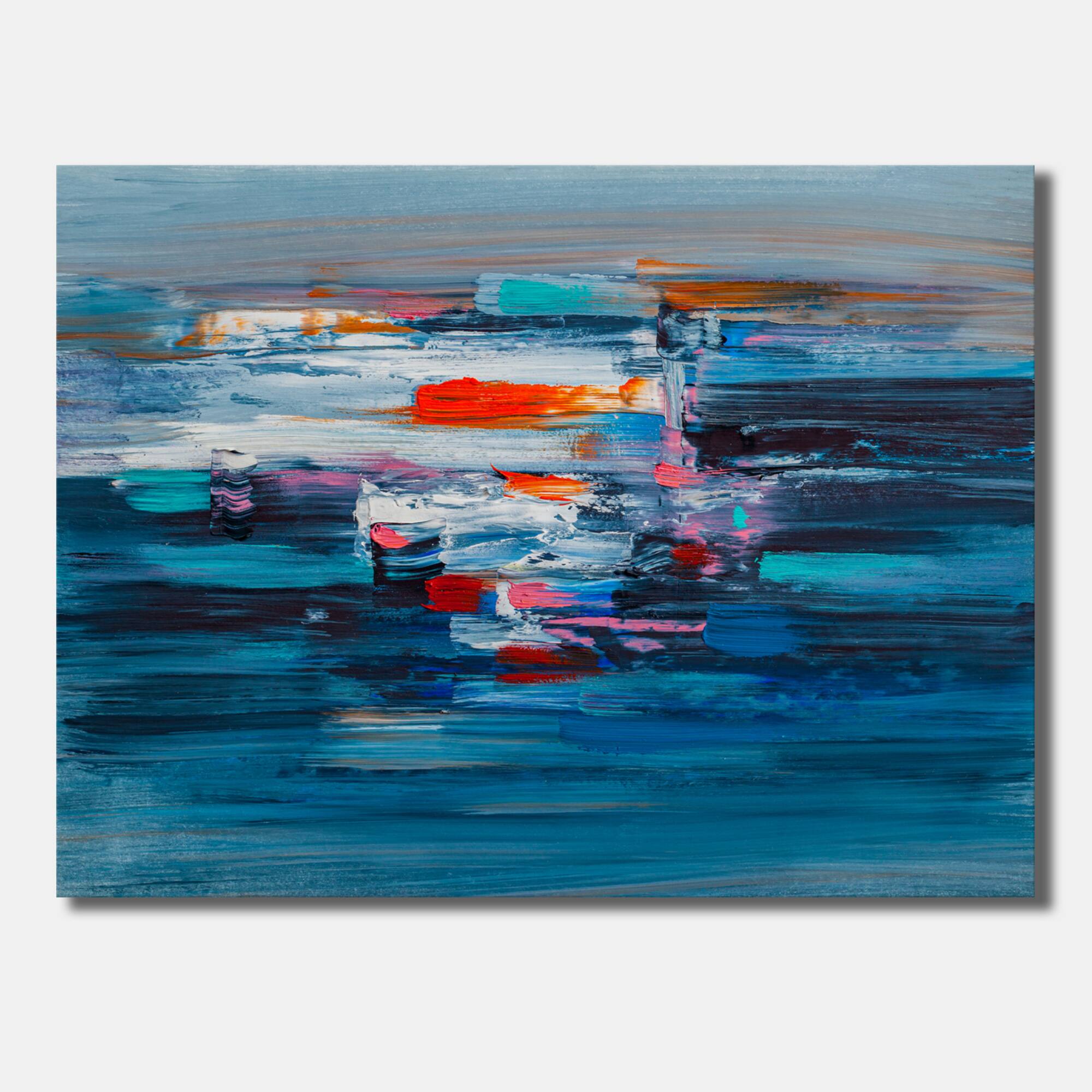 Designart - Waves Of Red On A Dark Blue Ocean - Modern Canvas Wall Art Print