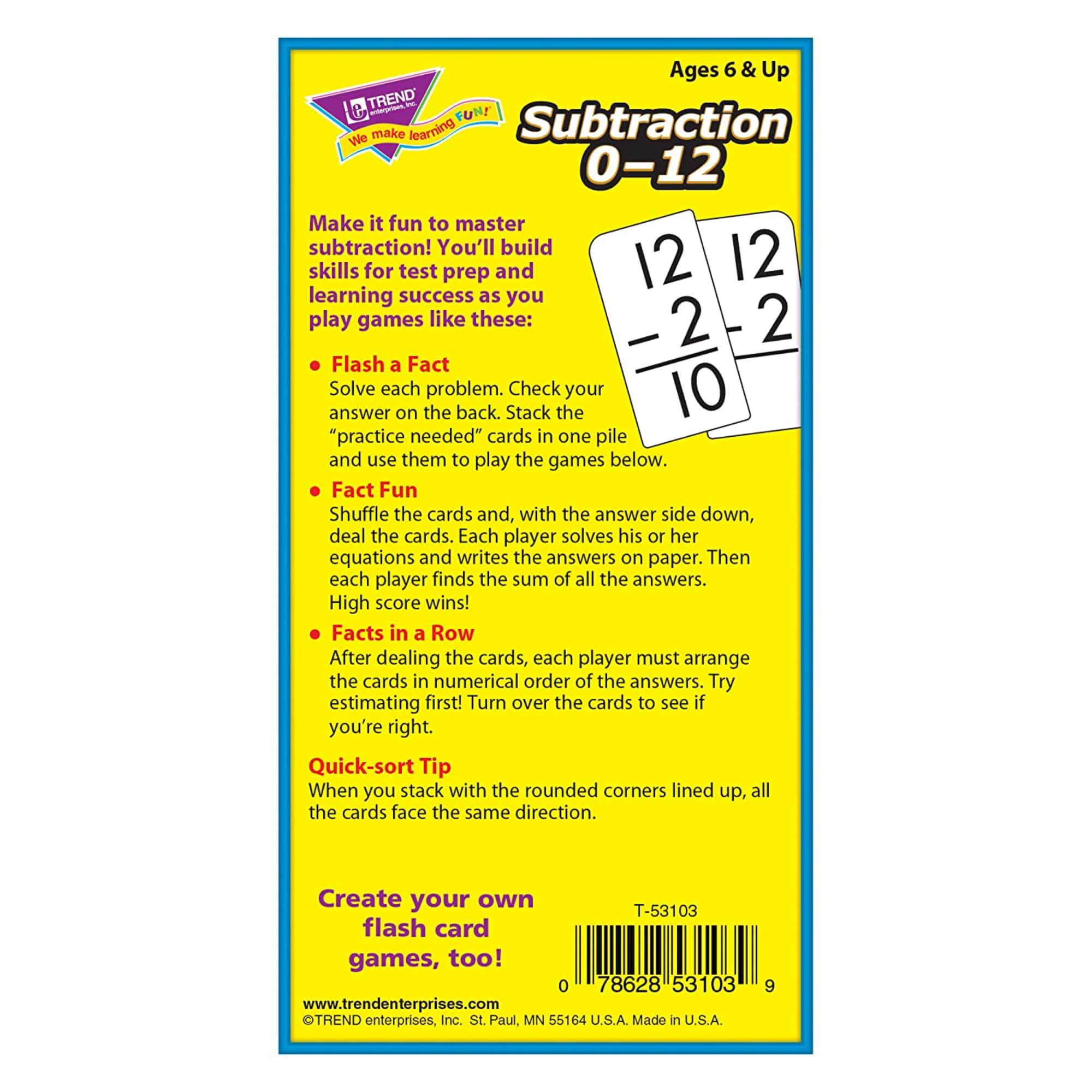 Trend Enterprises® Subtraction 0-12 Skill Drill Flash Cards