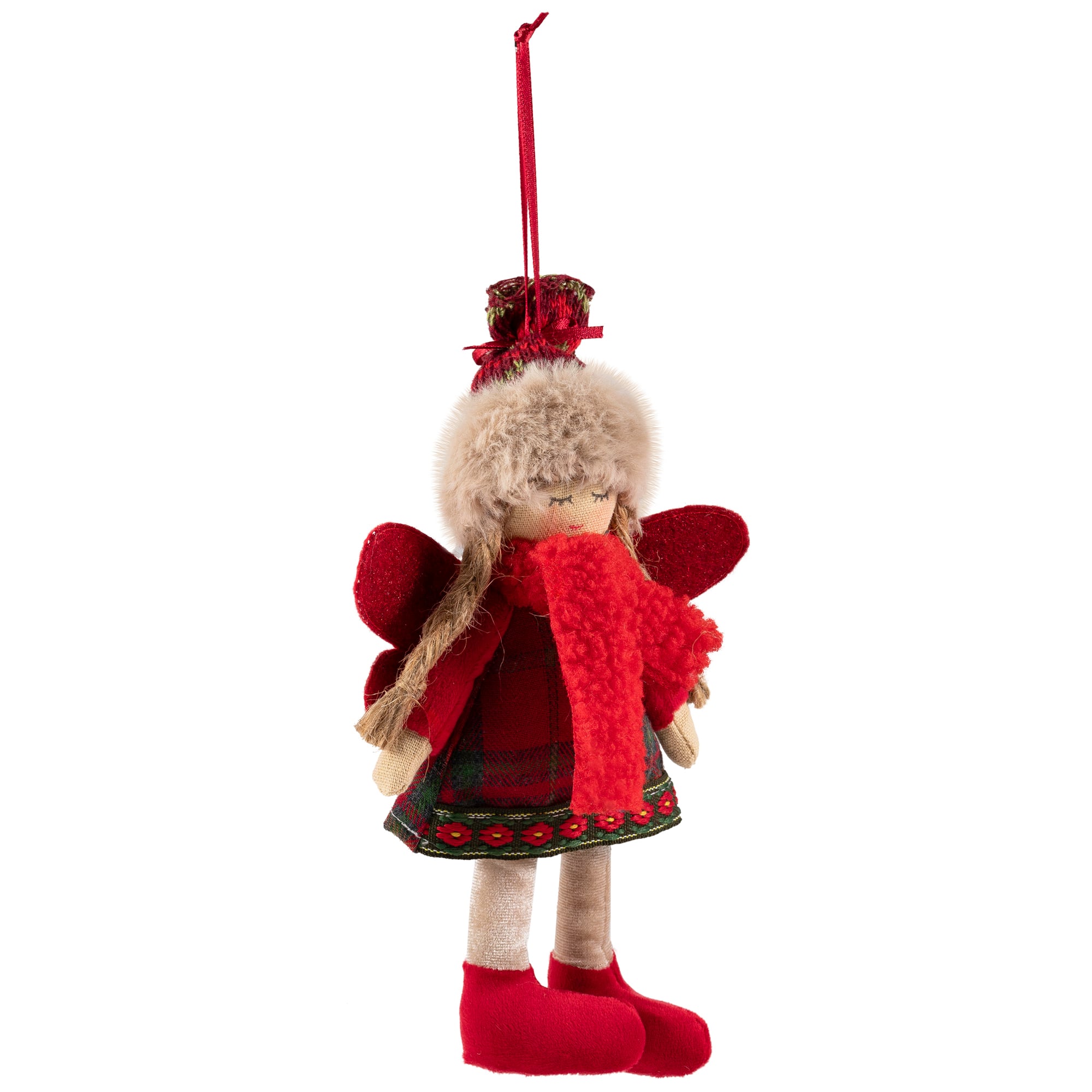 Plaid Angel Girl with Jute Pigtails  Christmas Ornament - 8.5" - Red and Beige