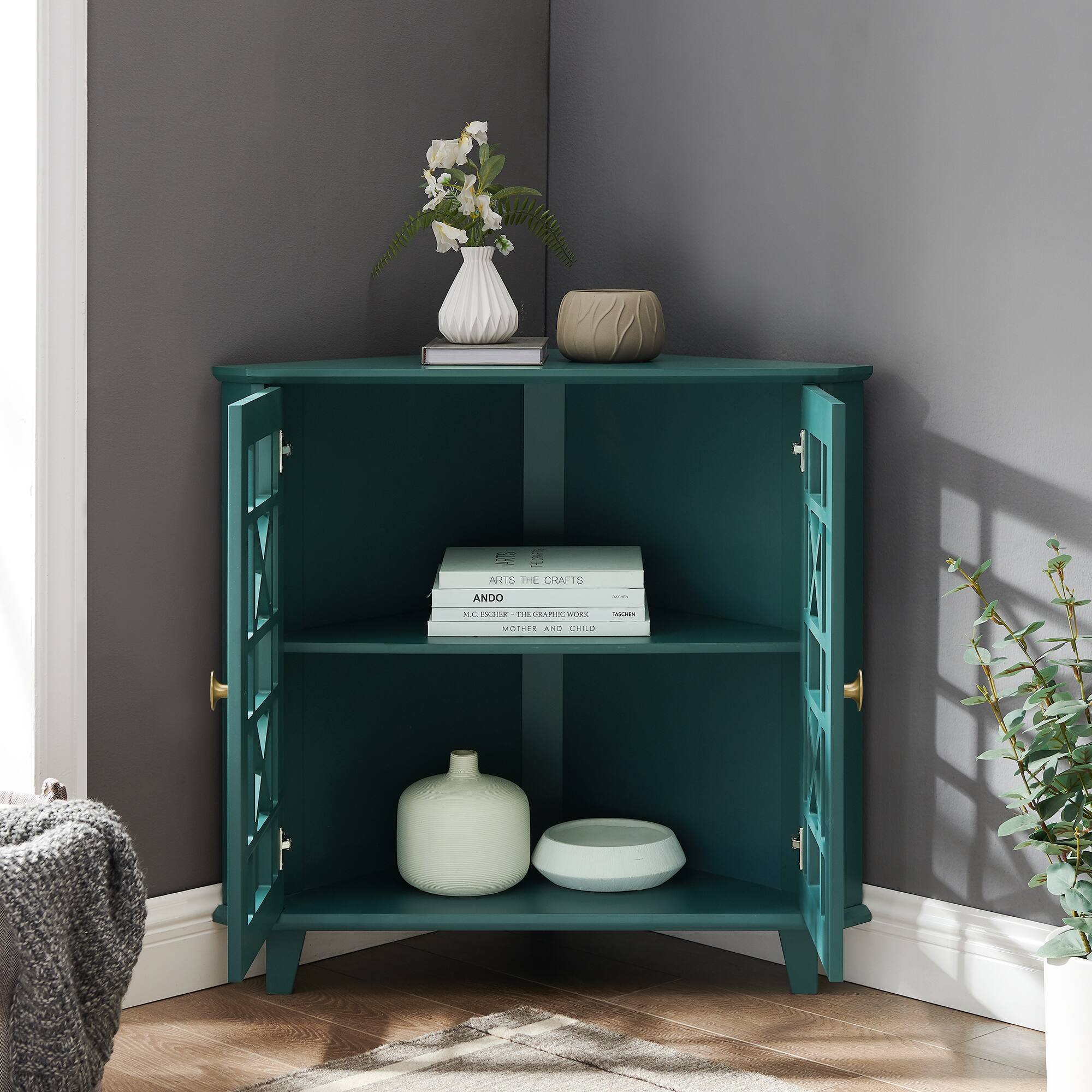 Walker Edison 30" Dark Teal Fretwork Corner Accent Cabinet