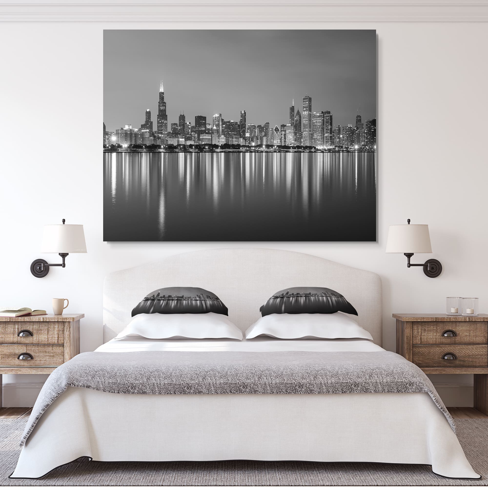Designart - Chicago Skyline at Night Black and White - Cityscape Canvas Print