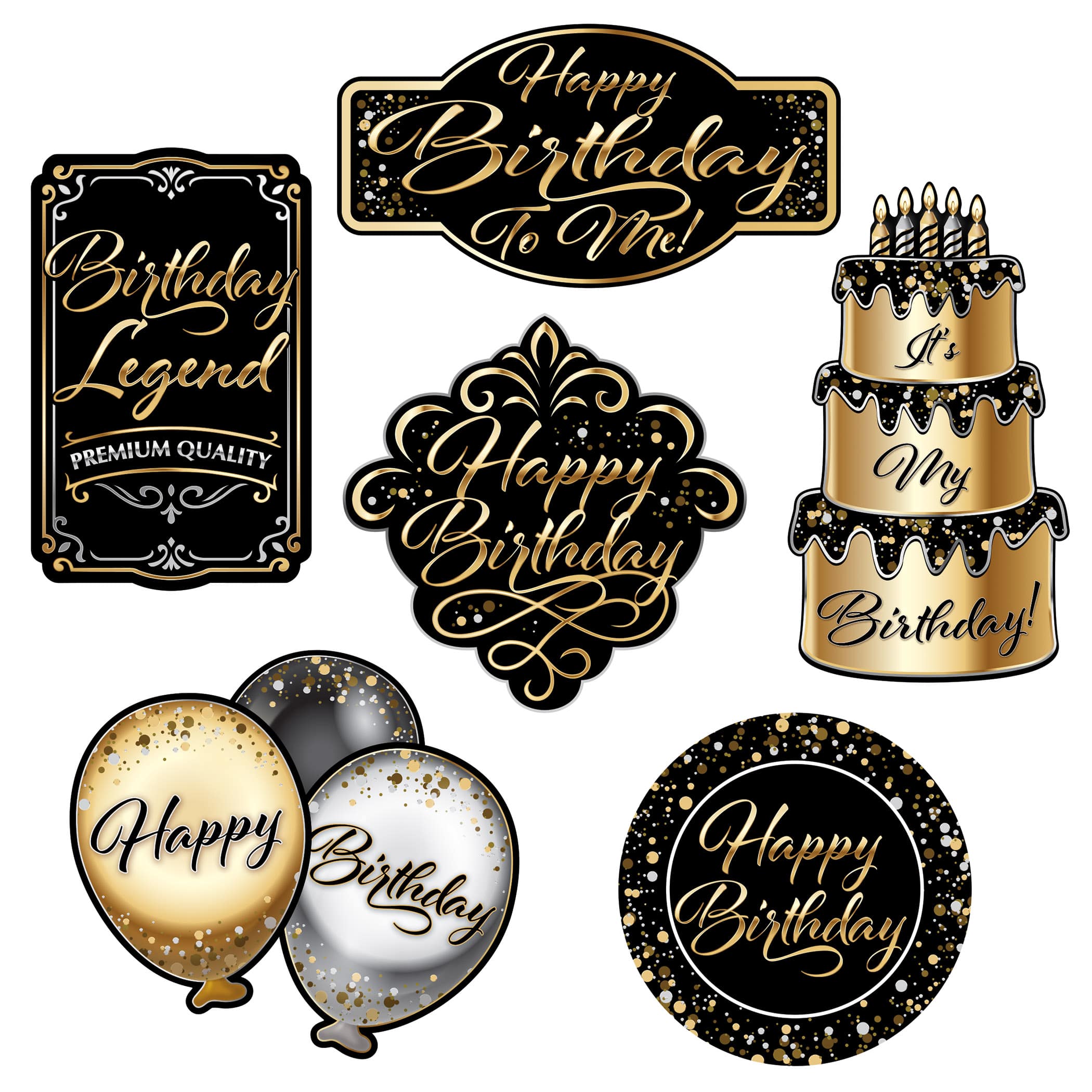Beistle Black, Gold & Silver Happy Birthday Cutouts, 2 Packs of 6