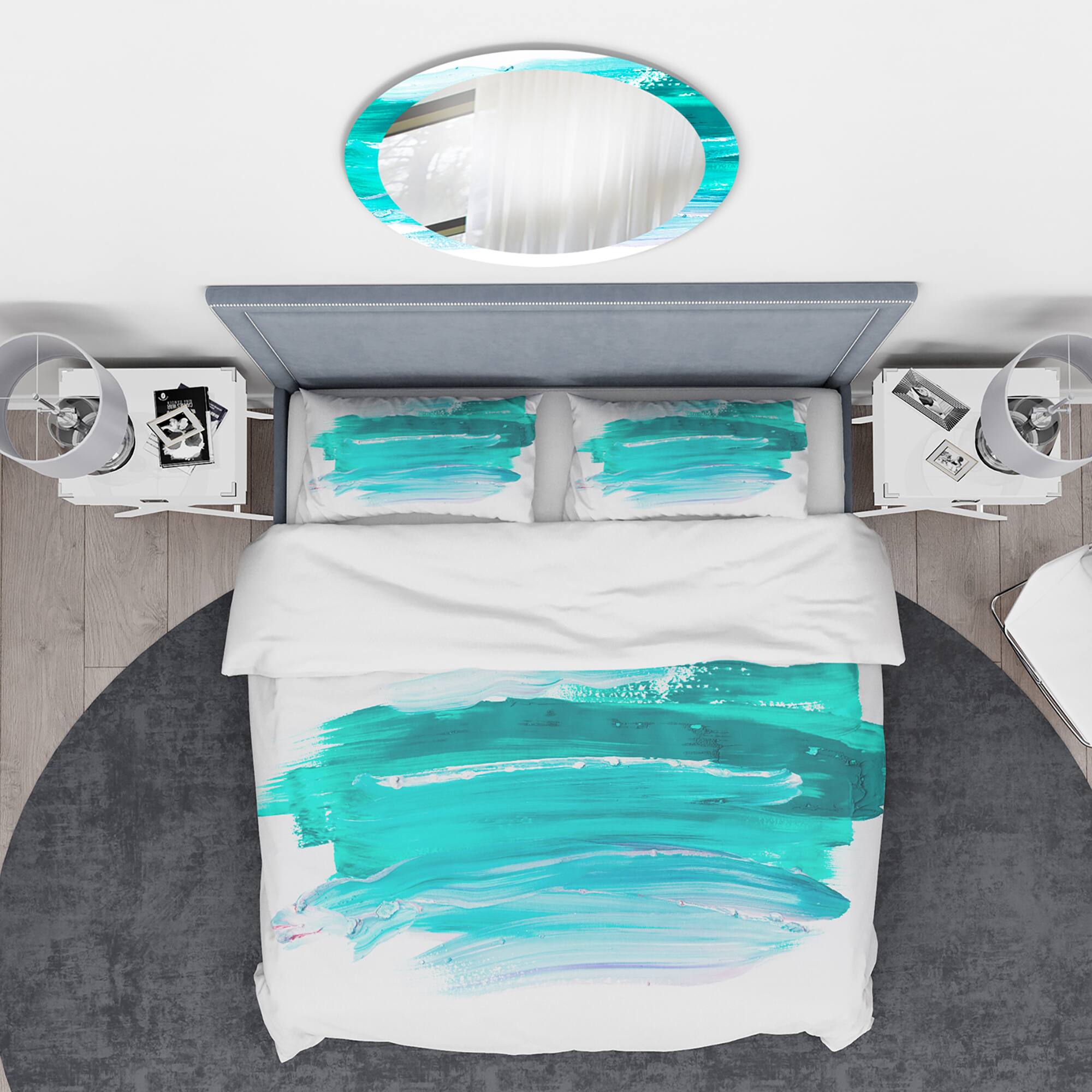 Designart 'Turquoise Paint Strokes on White Background' Abstract Bedding Set - Duvet Cover & Shams