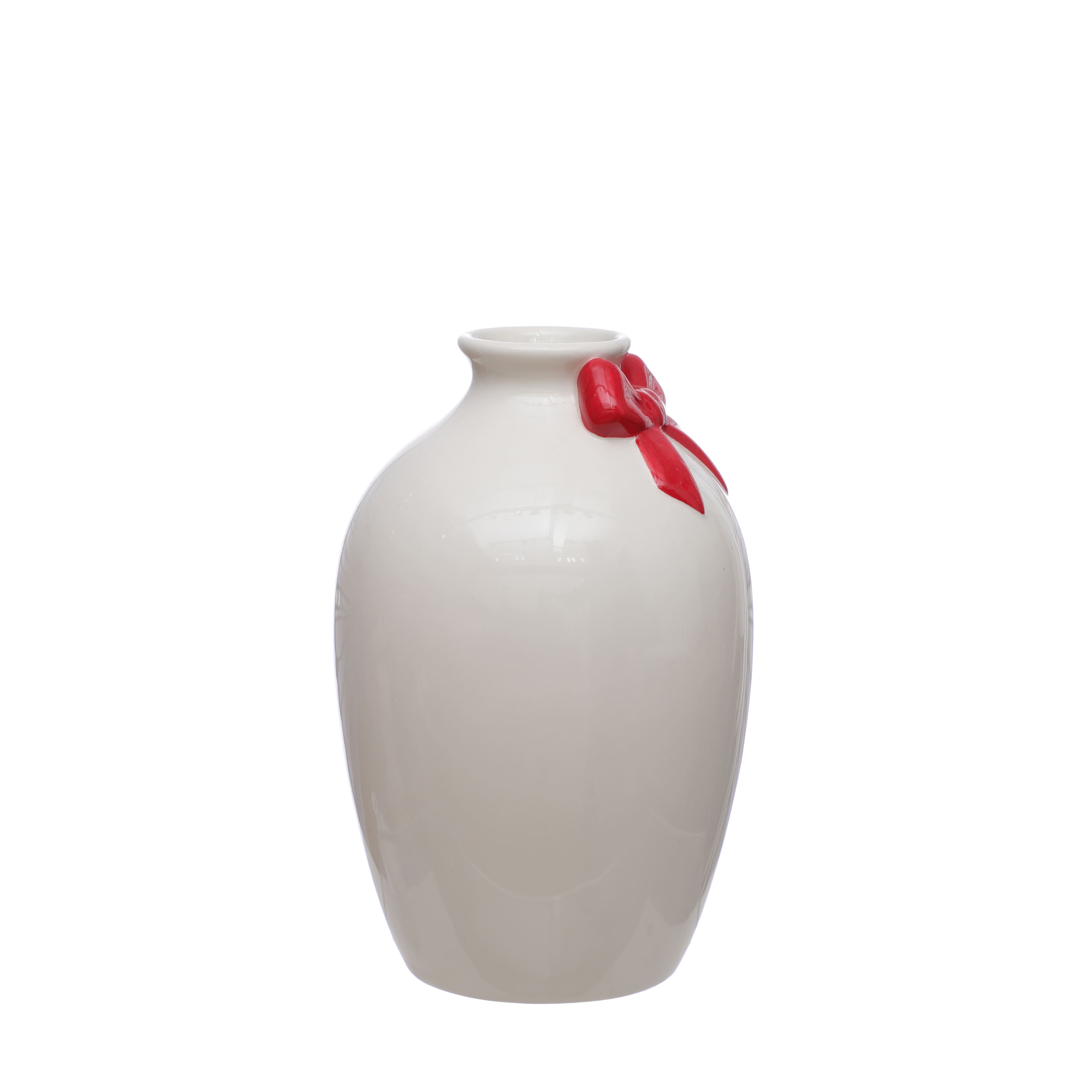 8" White Ceramic Vase with Red Bow Appliqué by Celebrate It™