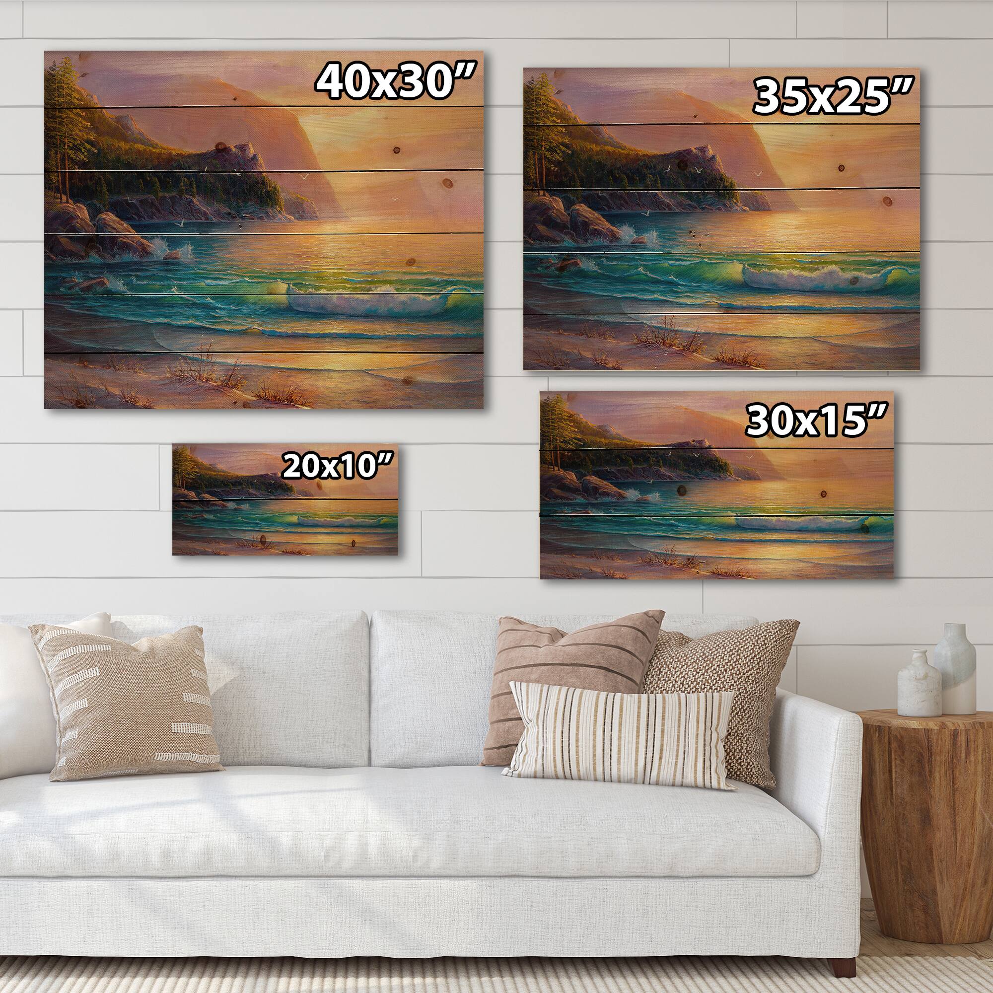 Designart - Romantic Beach During Warm Sunset - Nautical & Coastal Print on Natural Pine Wood