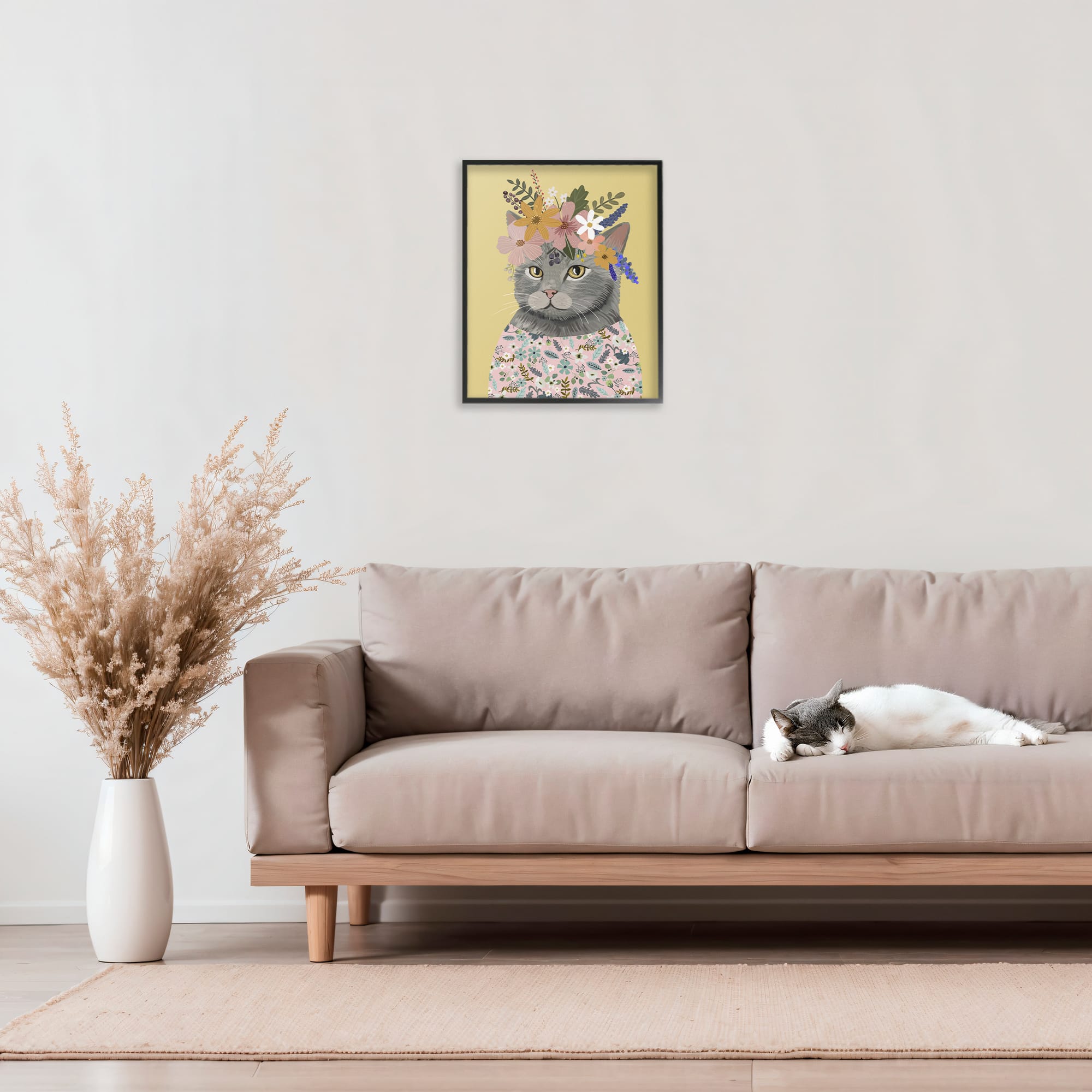 Stupell Industries Spring Cat Floral Portrait Frame Giclée Wall Art