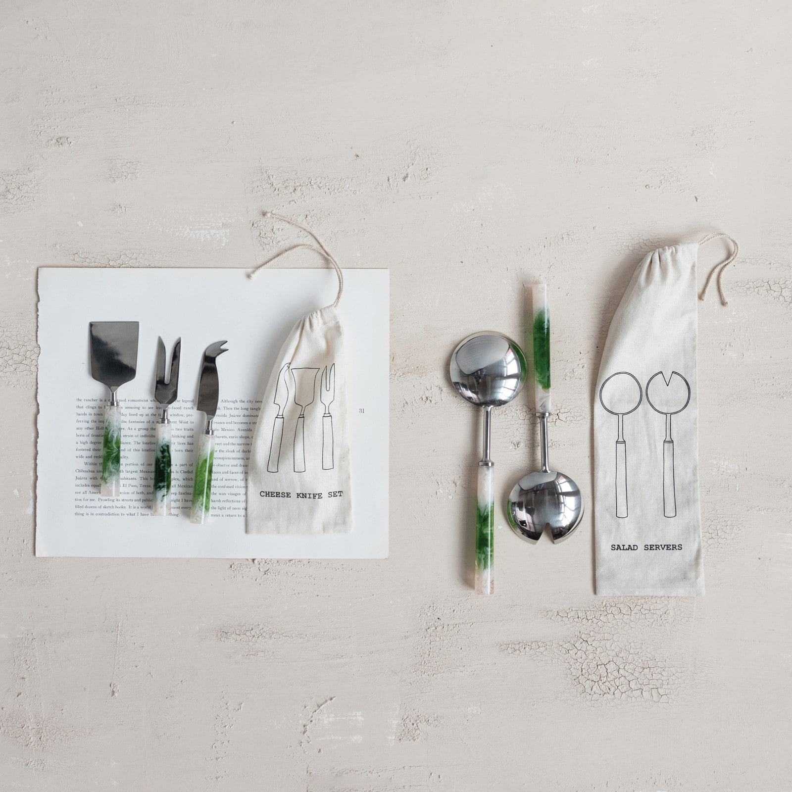 Hello Honey 2-Piece Stainless Steel Salad Servers with Marbled Resin Handles, Green and White