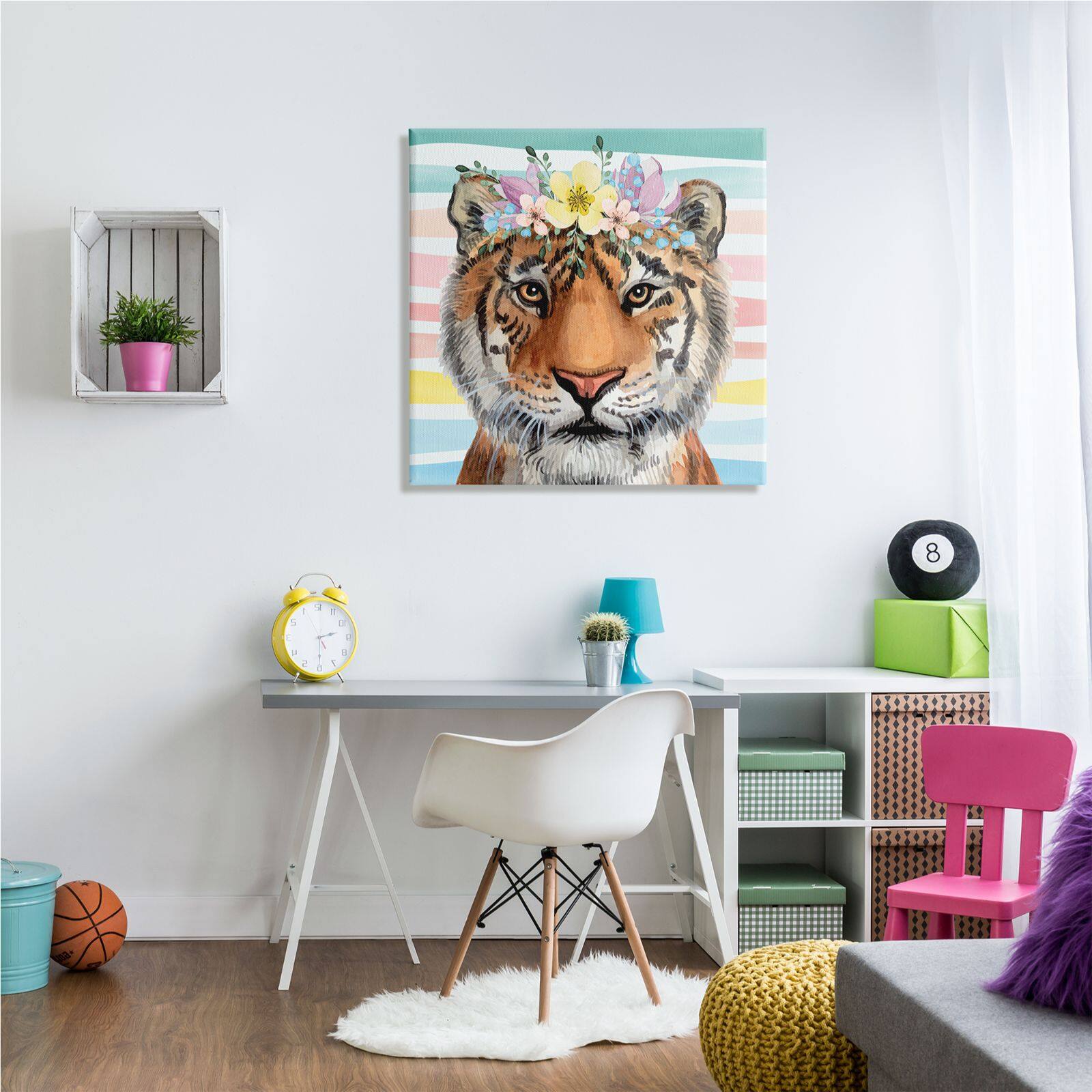 Stupell Industries Jungle Tiger Chic Purple Yellow Floral Crown Stripes Canvas Wall Art