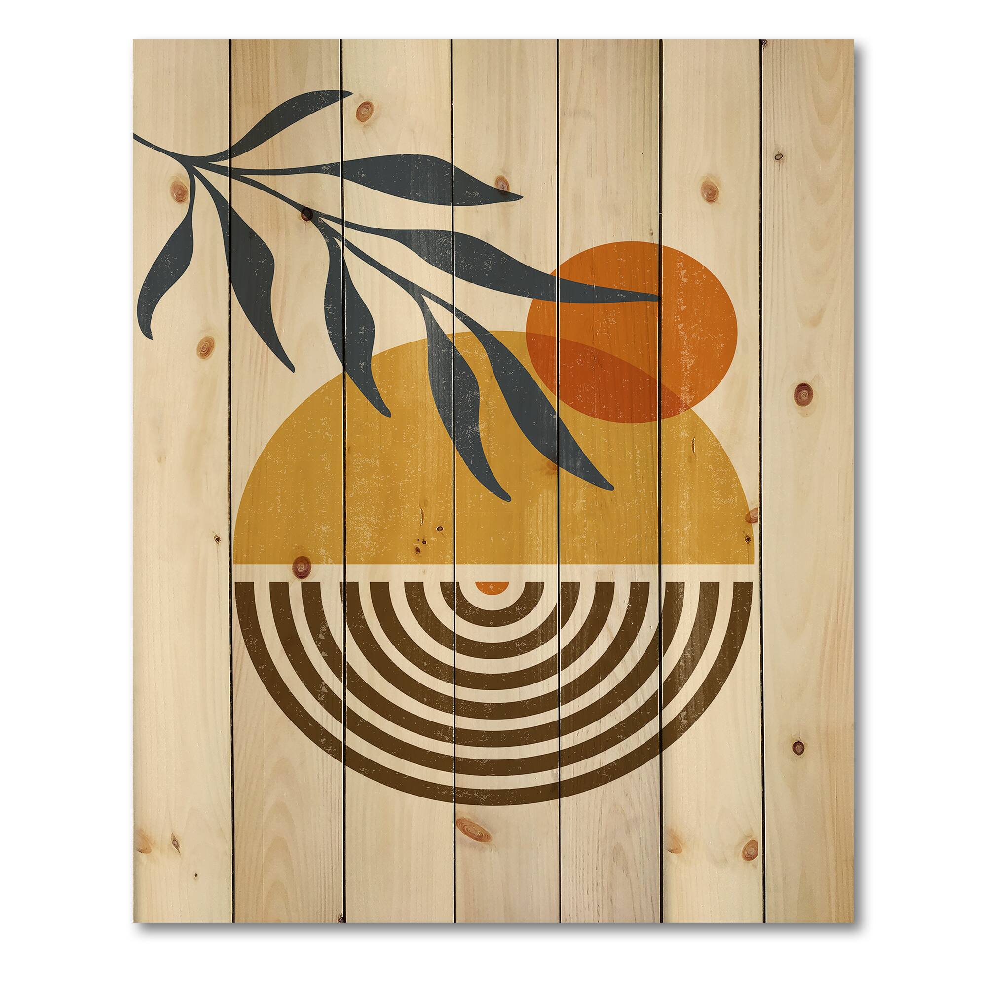 Designart - Botanical Minimalist Leaf With Abstract Shapes IV - Modern Print on Natural Pine Wood