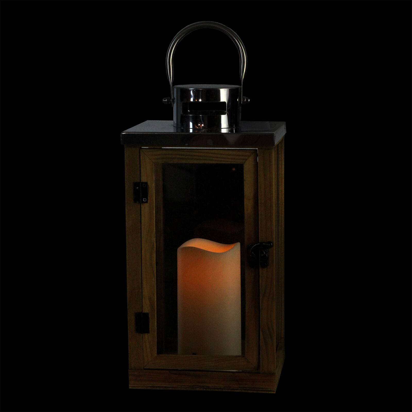 13.75" Rustic Wood and Glass Flameless Pillar Candle Lantern