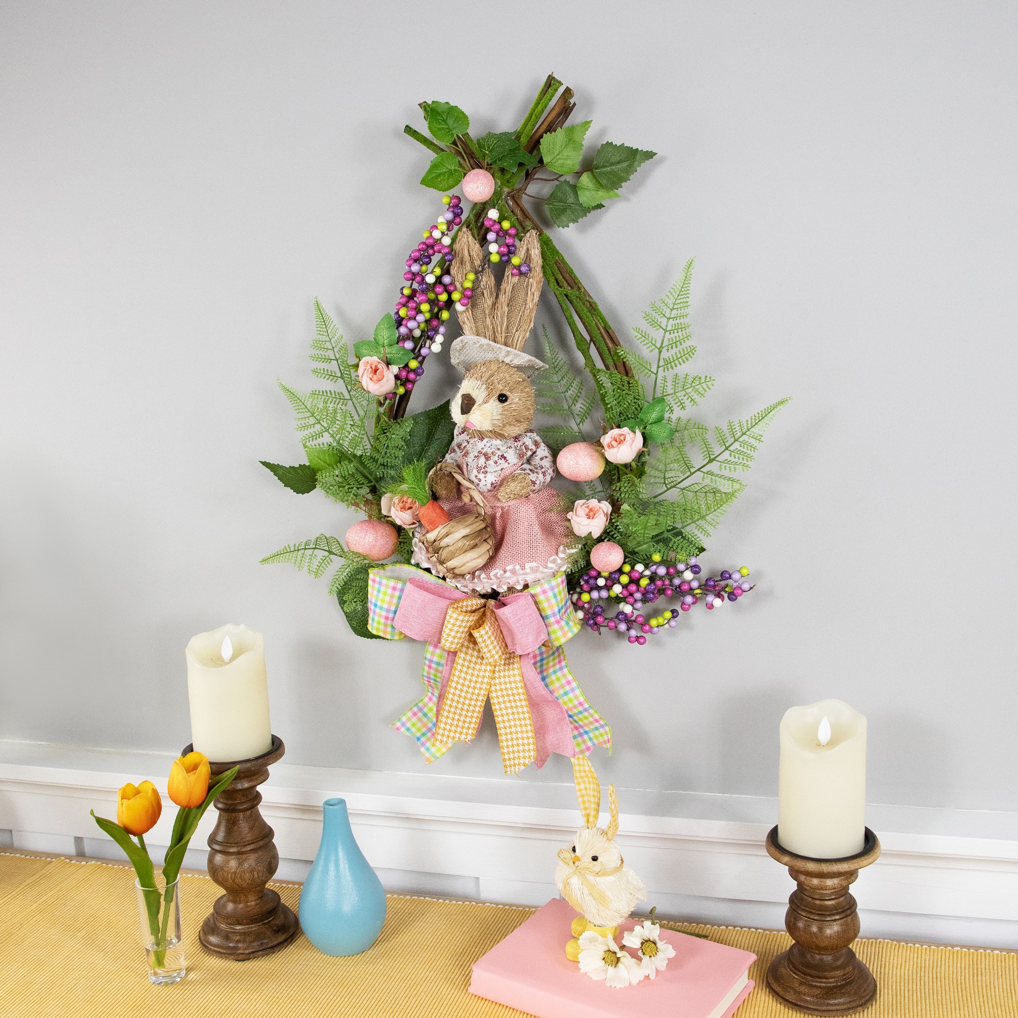 20" Pink Flower Bunny Moss Vines Teardrop Easter Wreath