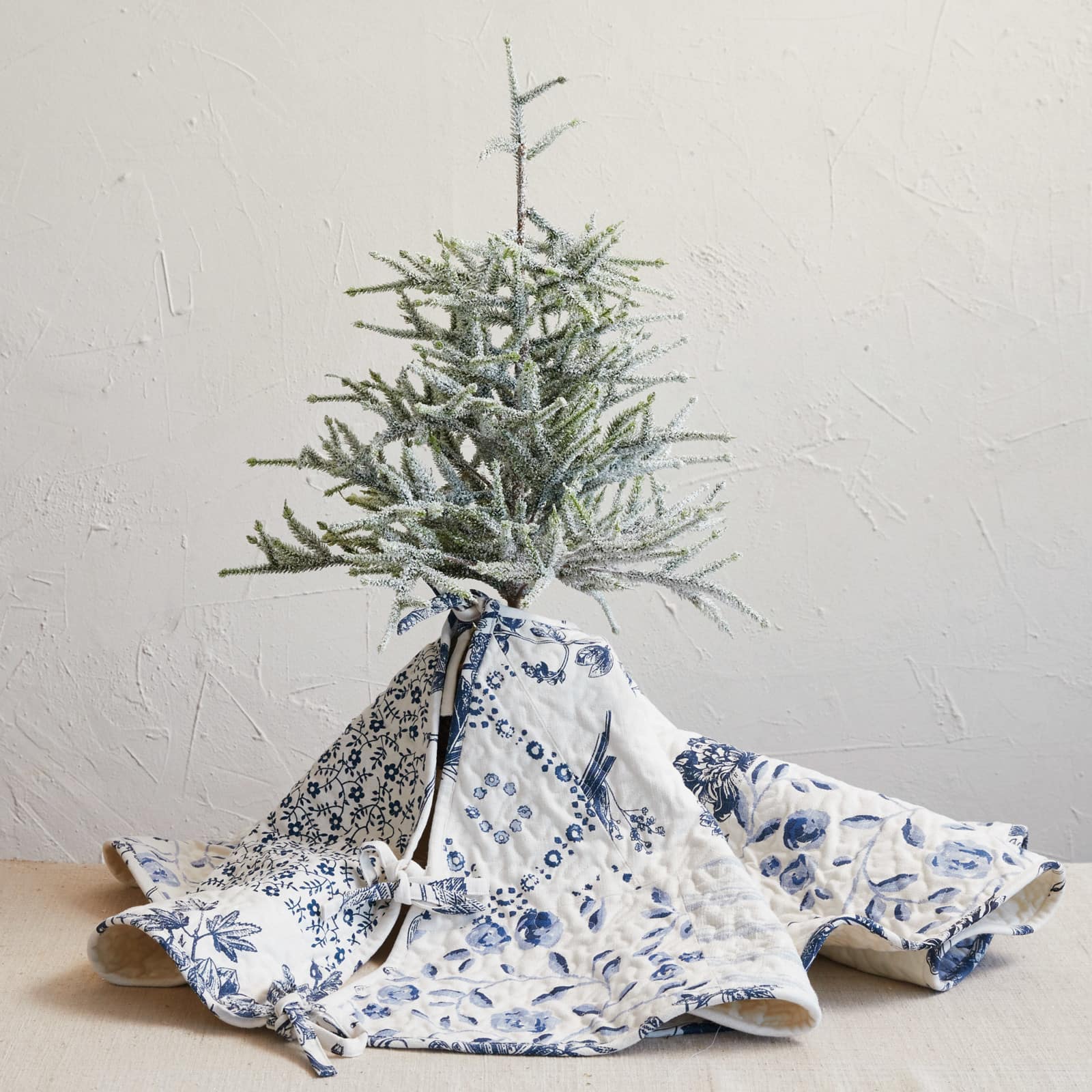 Hello Honey® 48" White & Blue Round Quilted Cotton Patchwork Floral Tree Skirt