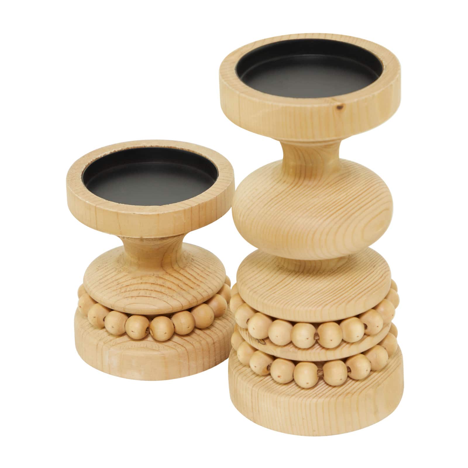 Wood Beaded Pillar Candle Holder Set