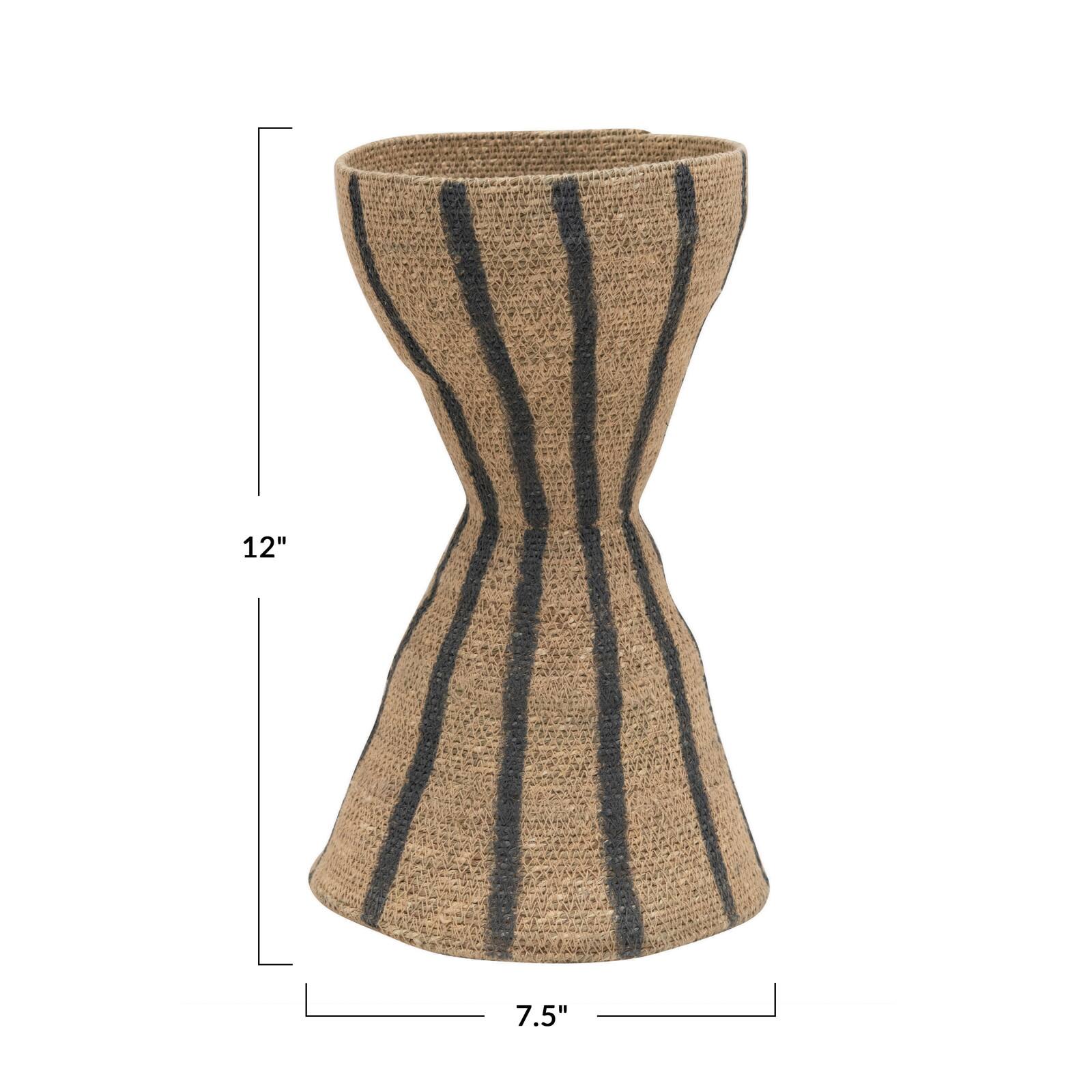 Hello Honey® 12" Natural & Black Hand-Woven Seagrass Hour Glass Shape Vase With Stripes