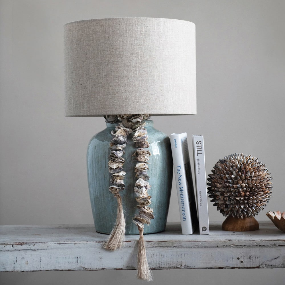 Hello Honey® 25" Aqua Reactive Glass Coastal Stoneware Table Lamp with Linen Shade