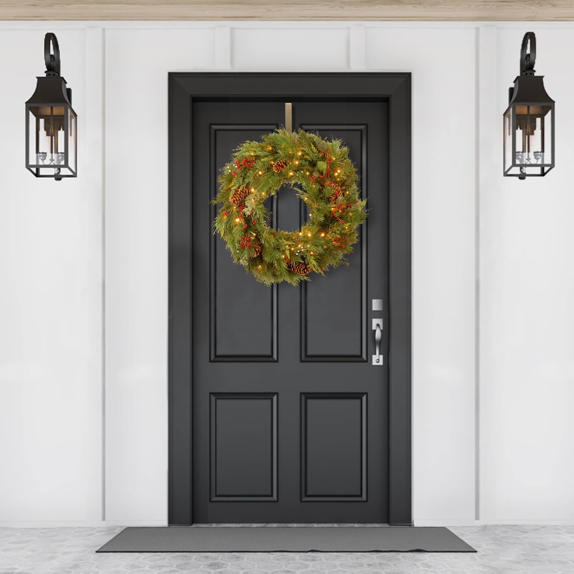 30" White Pine & Pine Cones Wreath With Soft White LED Lights