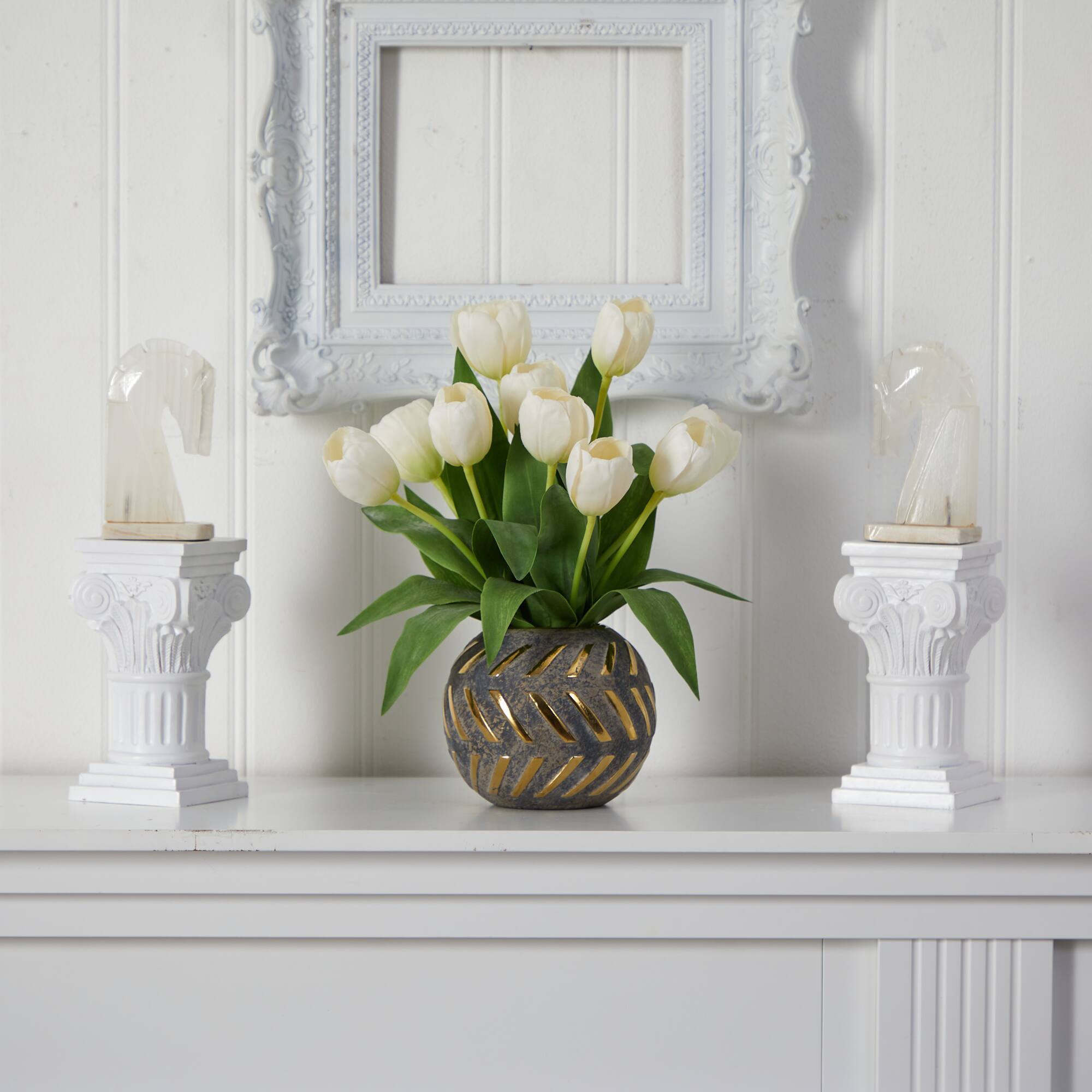 15" White Tulip Arrangement in Decorative Ceramic Vase