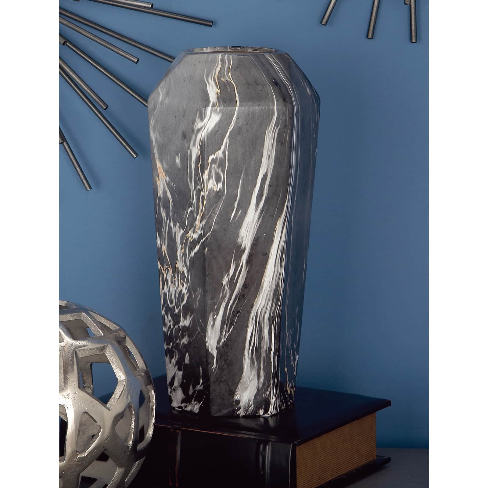 14" Black & White Marbled Ceramic Contemporary Vase
