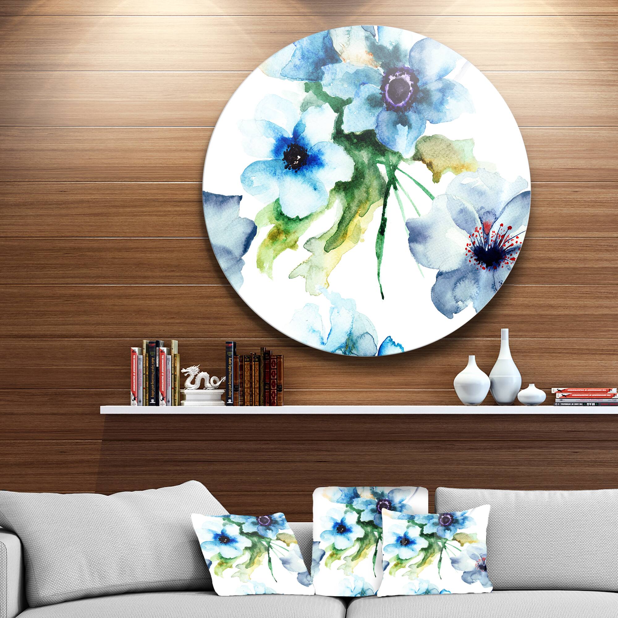 Designart - Seamless Summer Blue Flowers' Floral Metal Circle Wall Art
