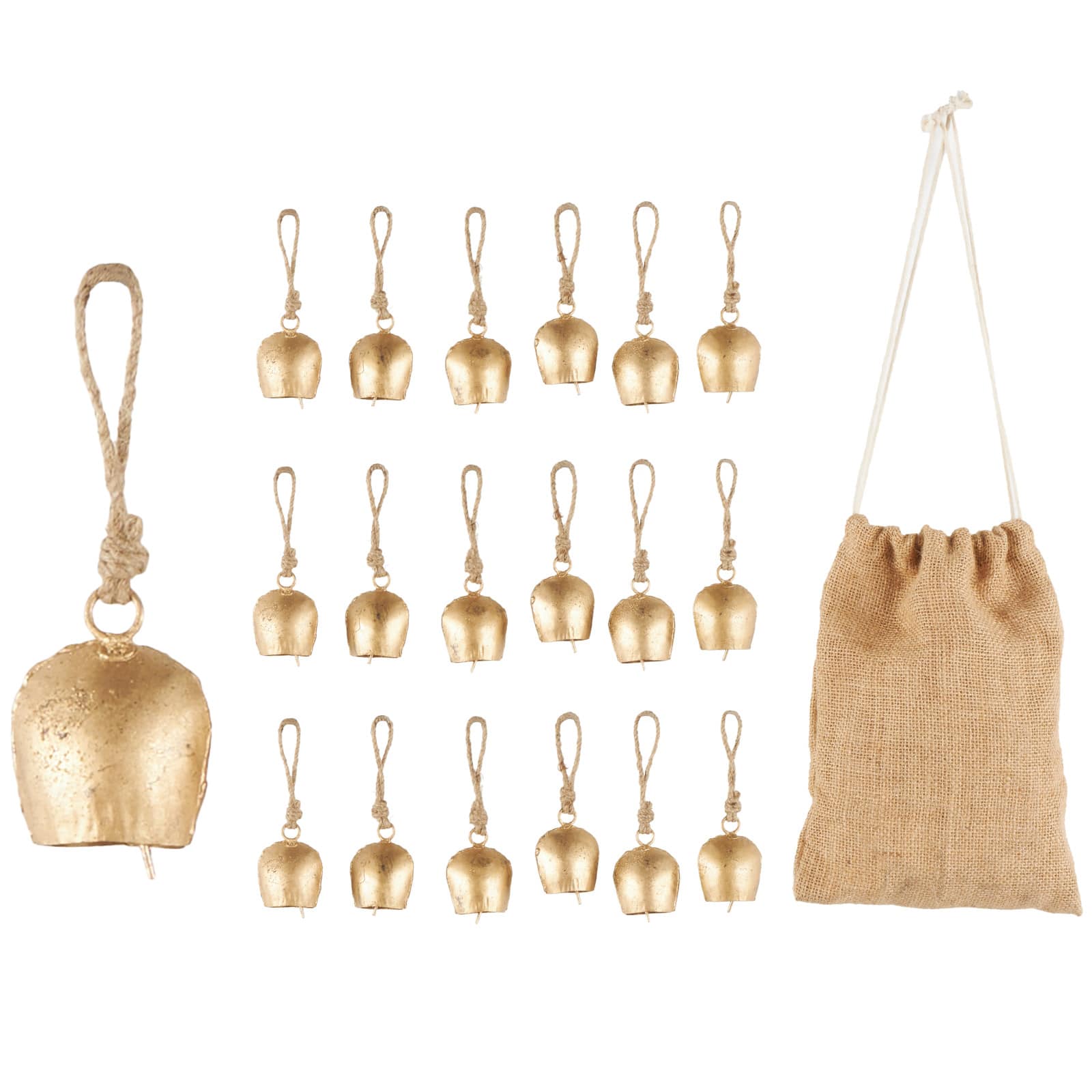 Gold Tibetan Inspired Metal Decorative Bells with Jute Rope & Canvas Tote Set