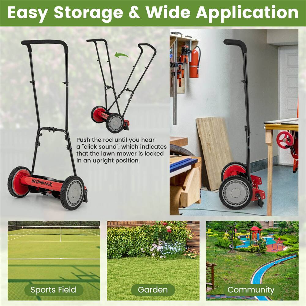 Costway Ironmax Red & Black Push Lawn Mower with 5-Blade Removable Grass Catcher