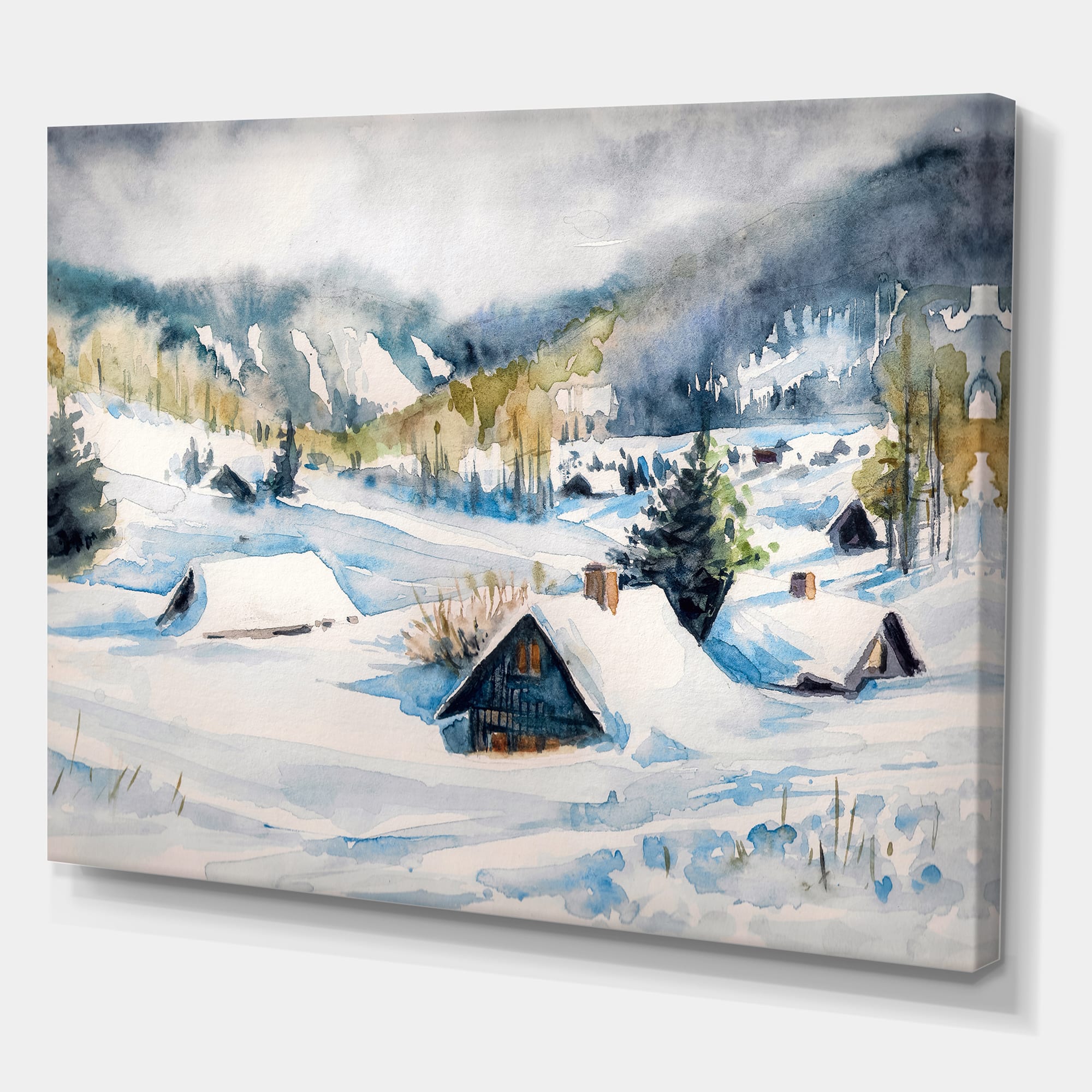 Designart - Mountain Village In Winter - Traditional Canvas Wall Art Print
