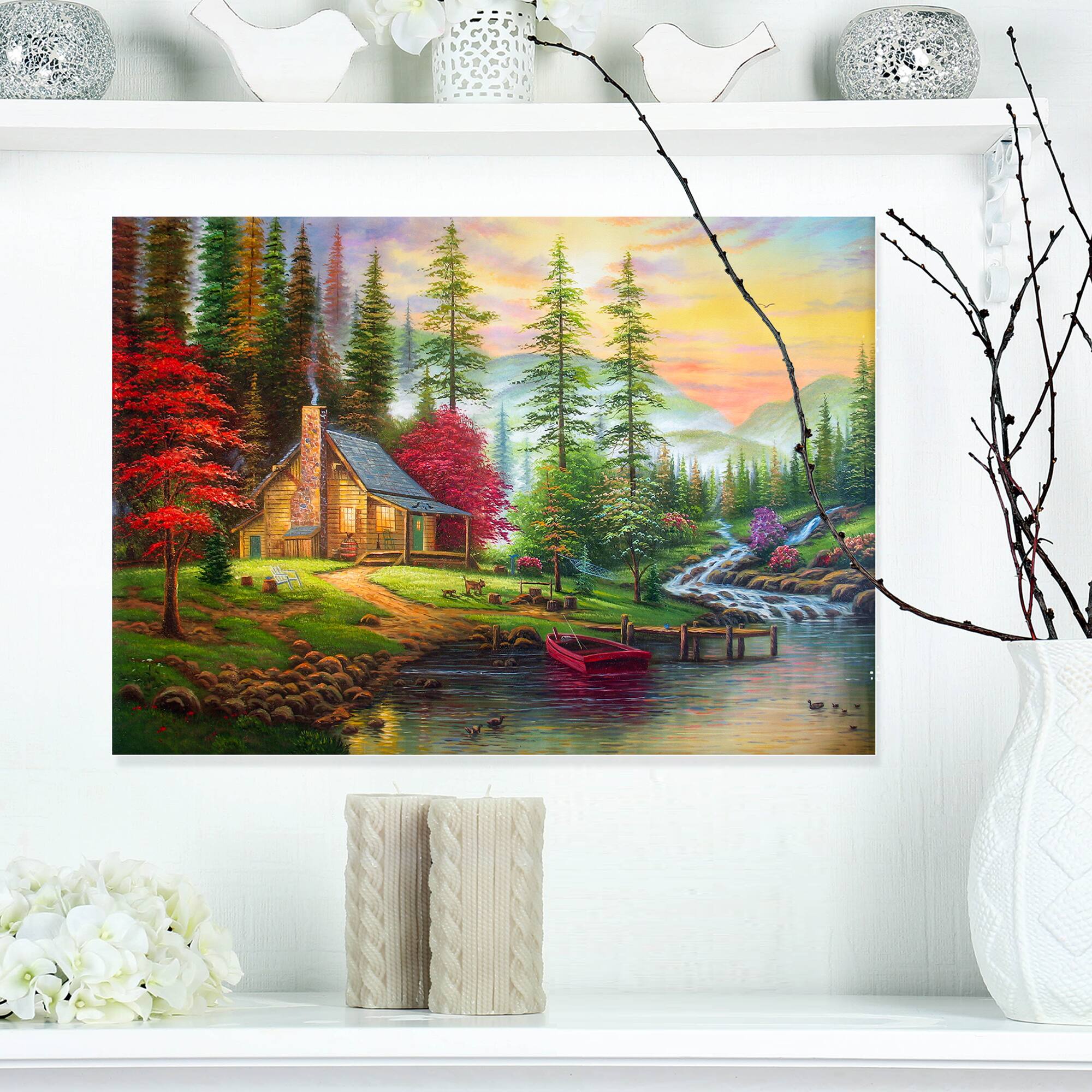 Designart - House in the forest - Landscapes Painting Print on Wrapped Canvas