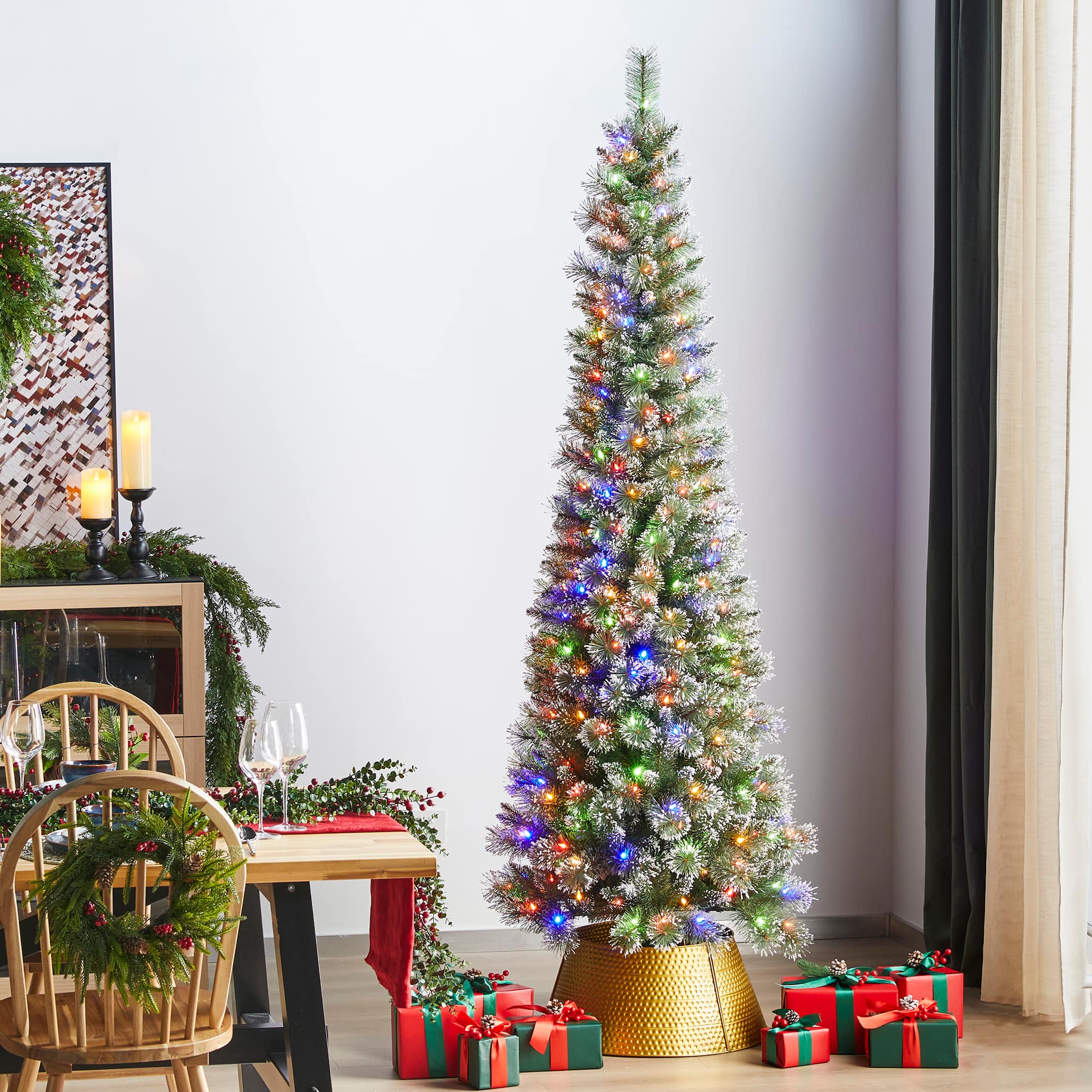 Glitzhome® 7.5ft Pre-Lit Frosted Cashmere Pencil Pine Artificial Christmas Tree, Multicolor LED Lights