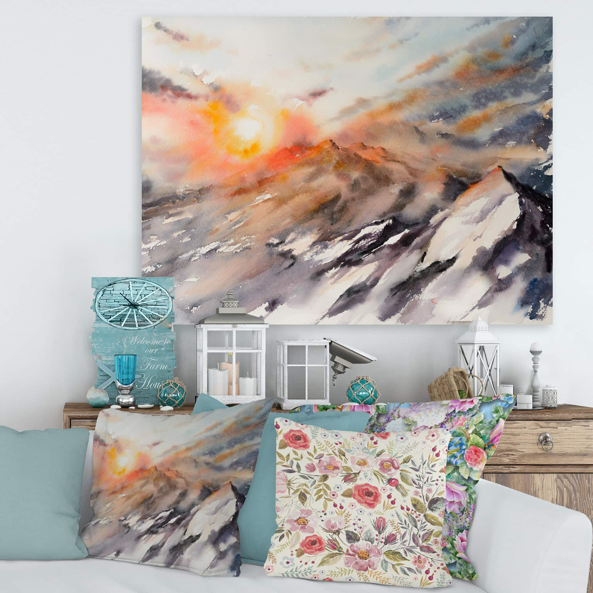 Designart - Majestic Sunset In The Mountains Landscape - Traditional Canvas Wall Art Print