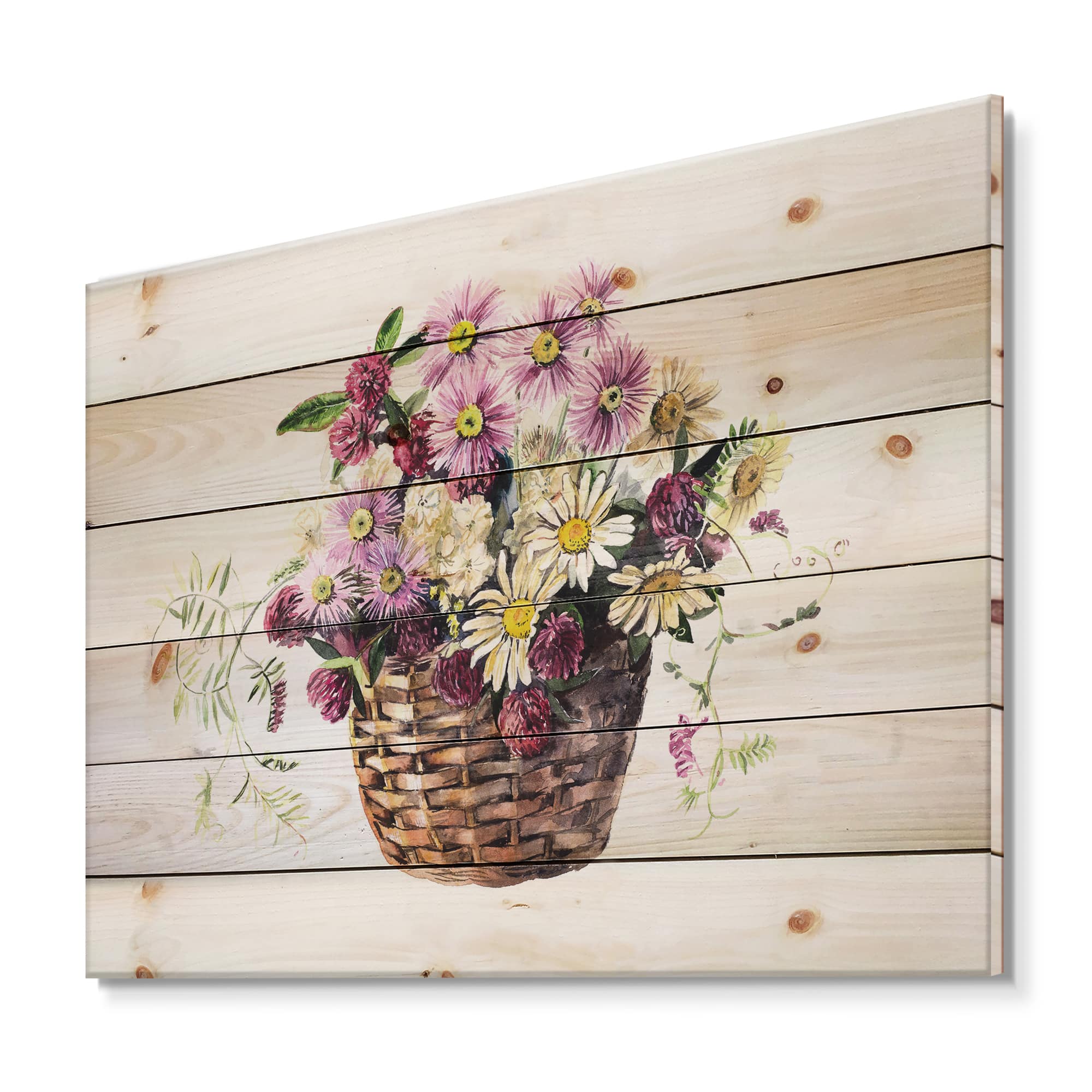 Designart - Bouquet From Meadow Flowers In The Basket - Traditional Print on Natural Pine Wood