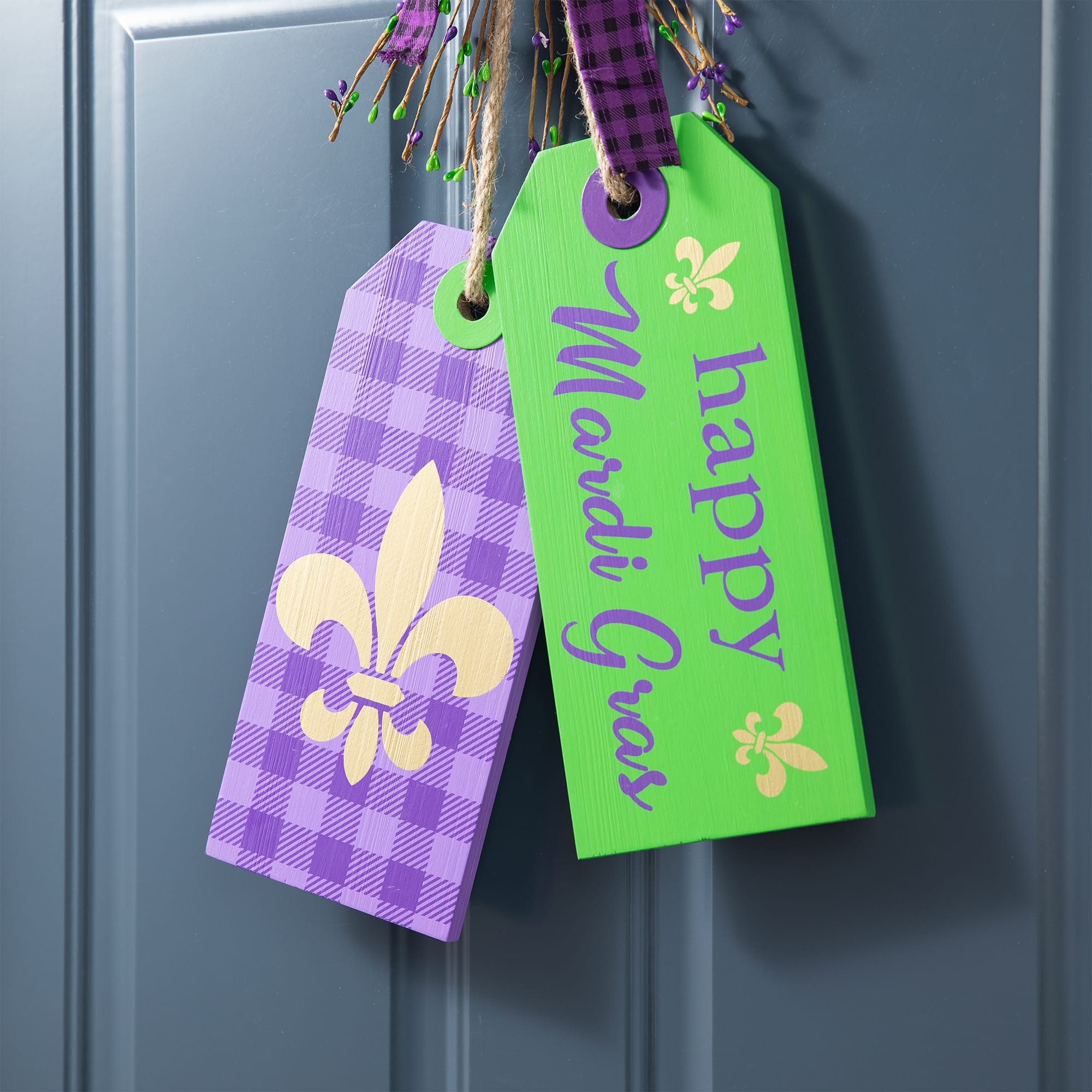 Glitzhome® 25.5" Happy Mardi Gras Day Wooden Bookmark Door Hanger