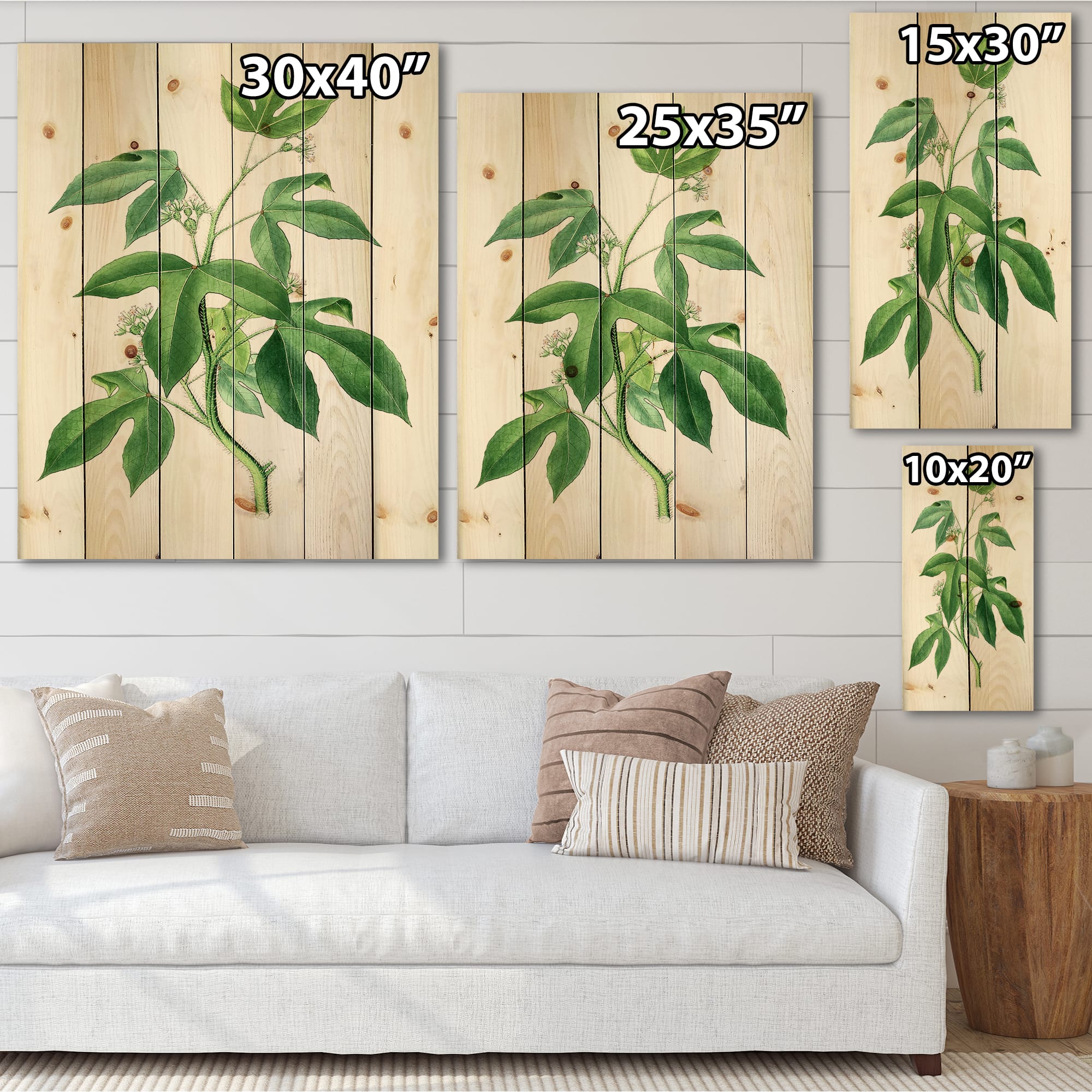 Designart - Vintage Green Leaves Plants V - Traditional Print on Natural Pine Wood