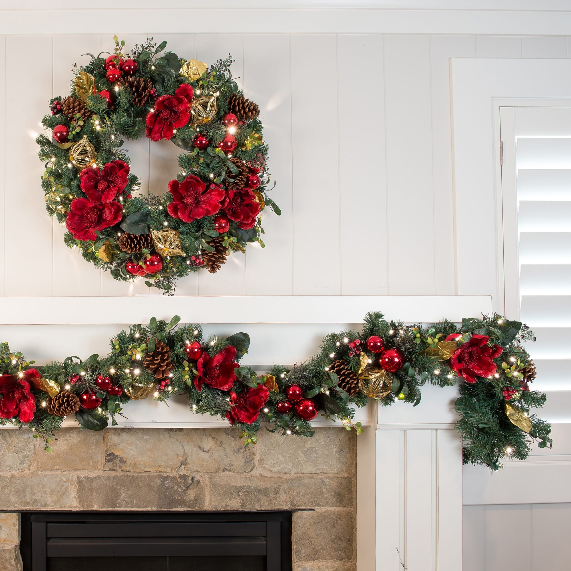 Village Lighting 9ft. Pre-Lit LED Red Magnolia Christmas Garland