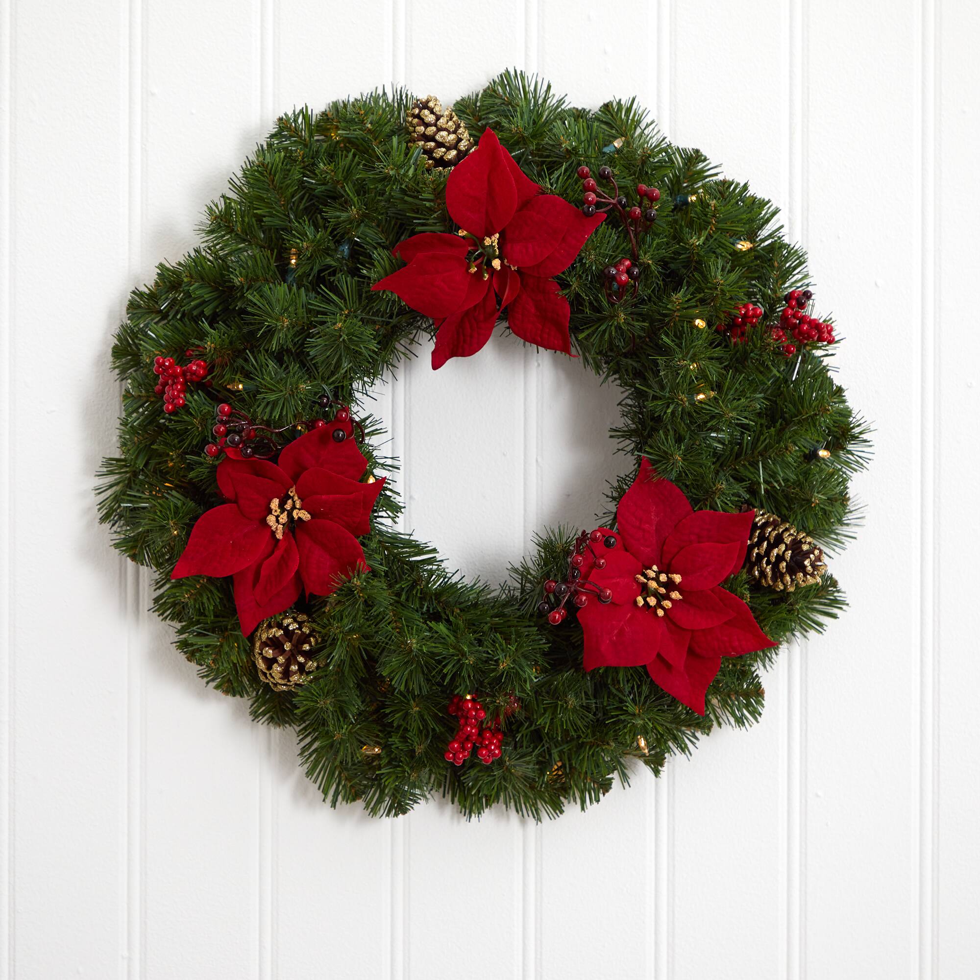 24" White LED Lights Poinsettia, Berry & Pinecone Artificial Wreath