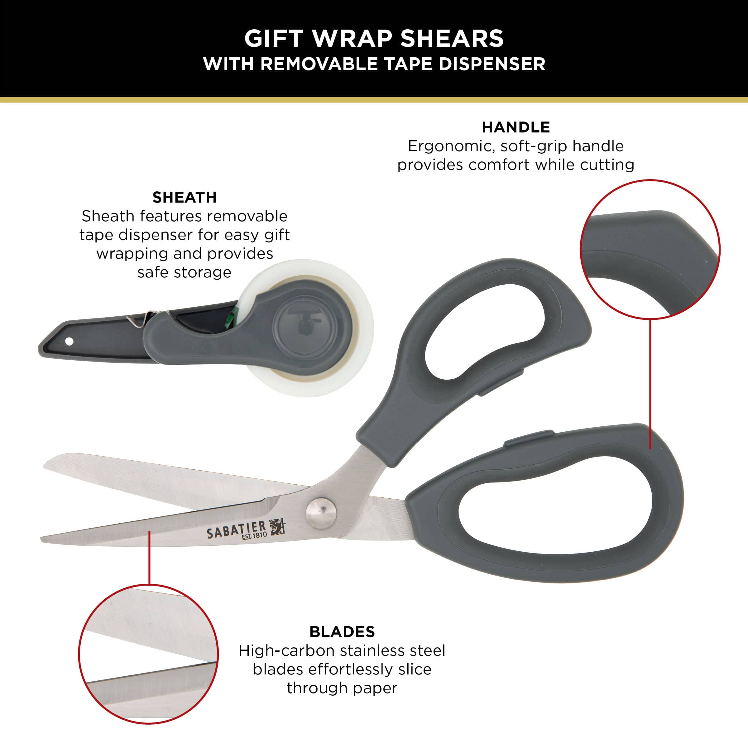 Sabatier 2-in-1 All-Purpose Gift Wrap Scissors with Removable Tape Dispenser Blade Cover