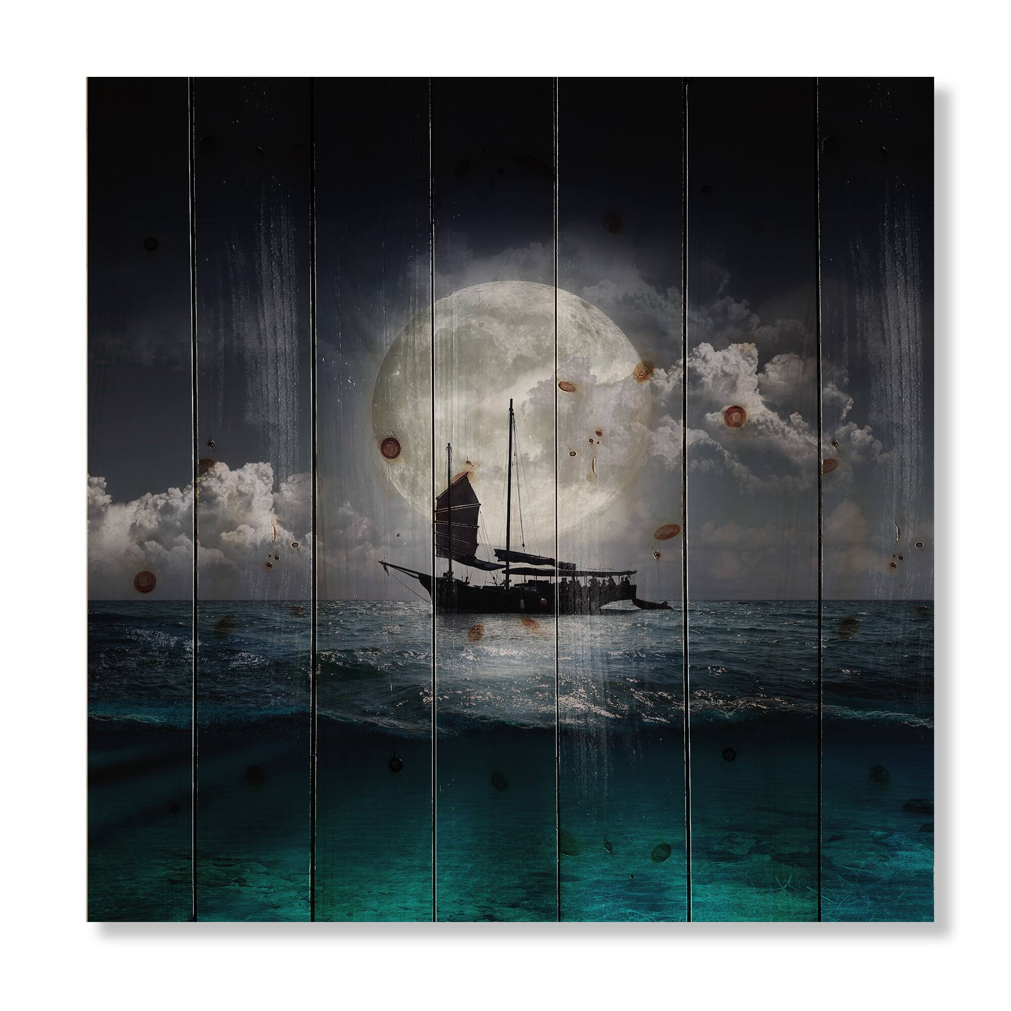 Designart - Fisher Boat On The Lake During Full Moon - Nautical & Coastal Print on Natural Pine Wood