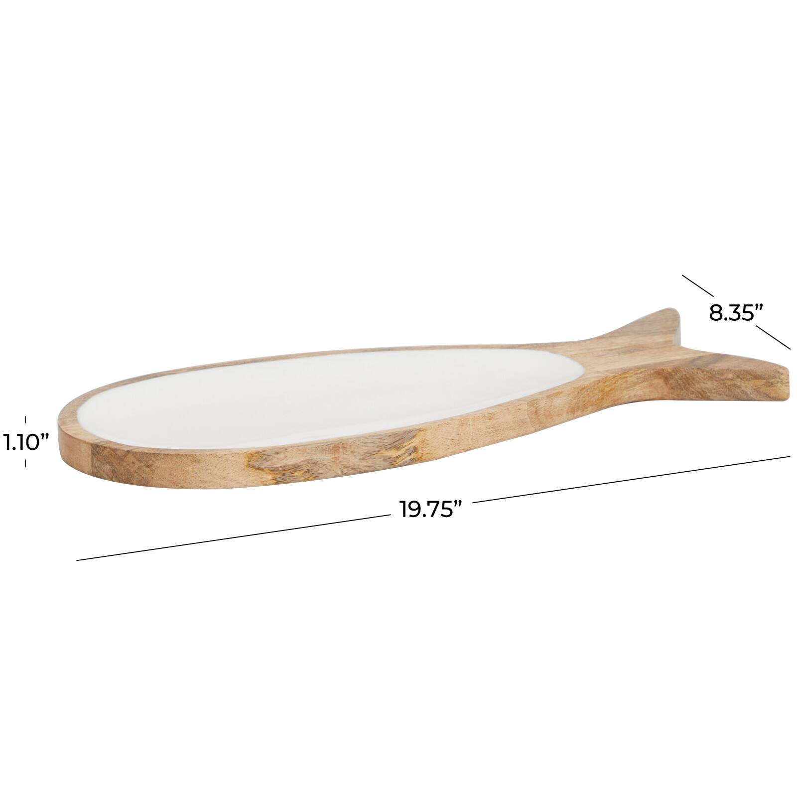 20" Mango Wood Fish Tray with White Enameled Interior