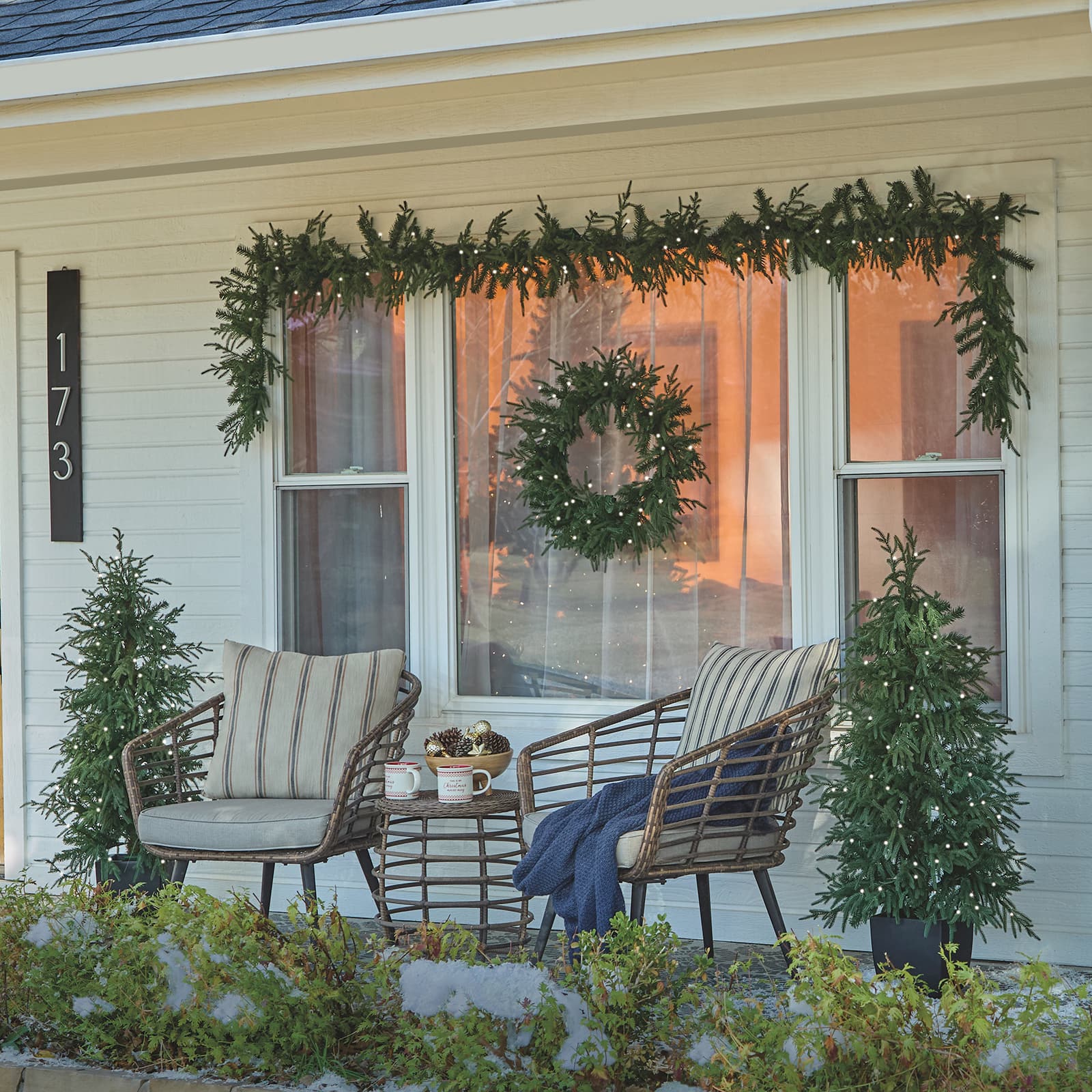 5pc. Pre-Lit Norfolk Pine Potted Artificial Christmas Trees, Garlands & Wreath, Warm White Mini LED Lights by Ashland®