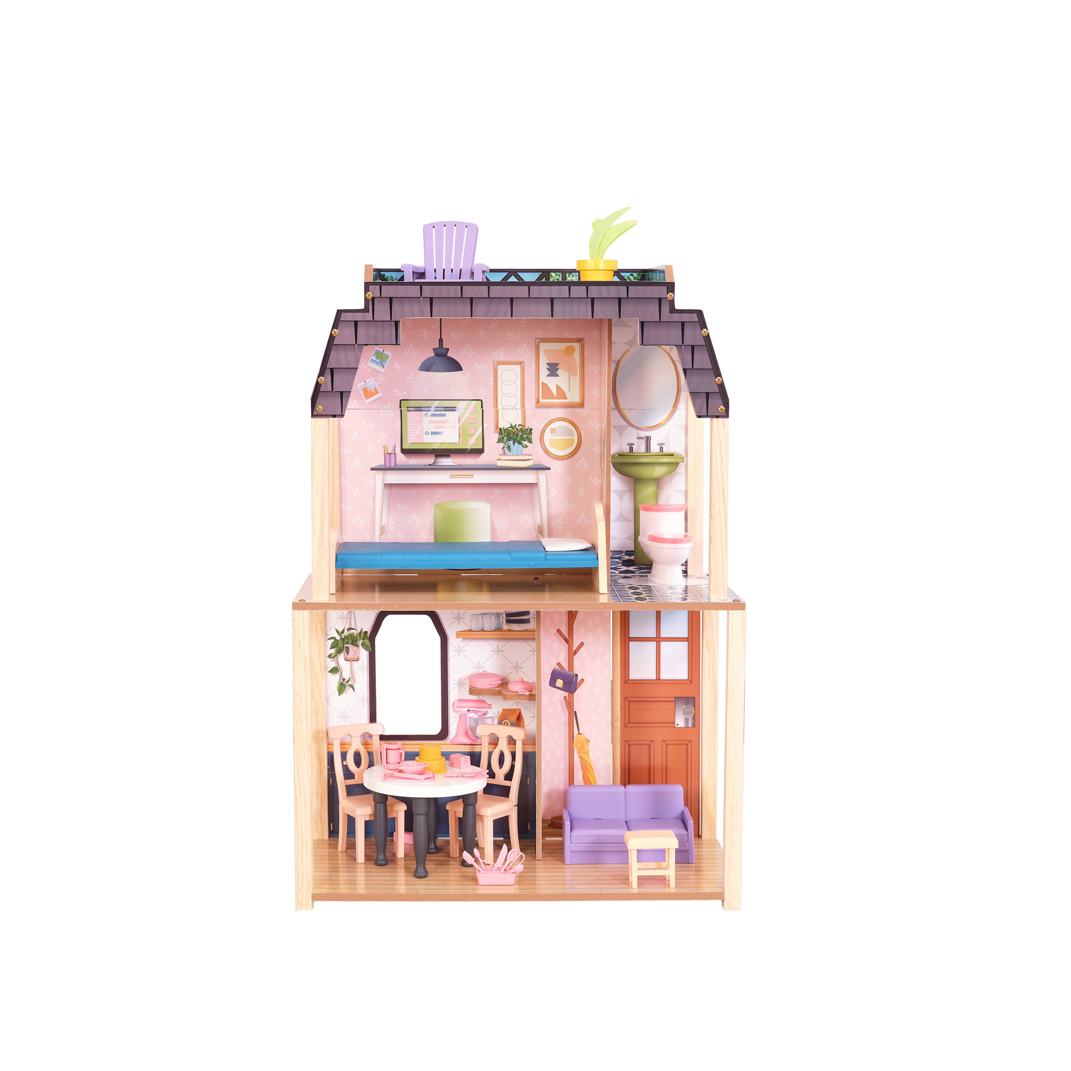 KidKraft Bella View Wooden Dollhouse with Rooftop Deck & 31 Accessories