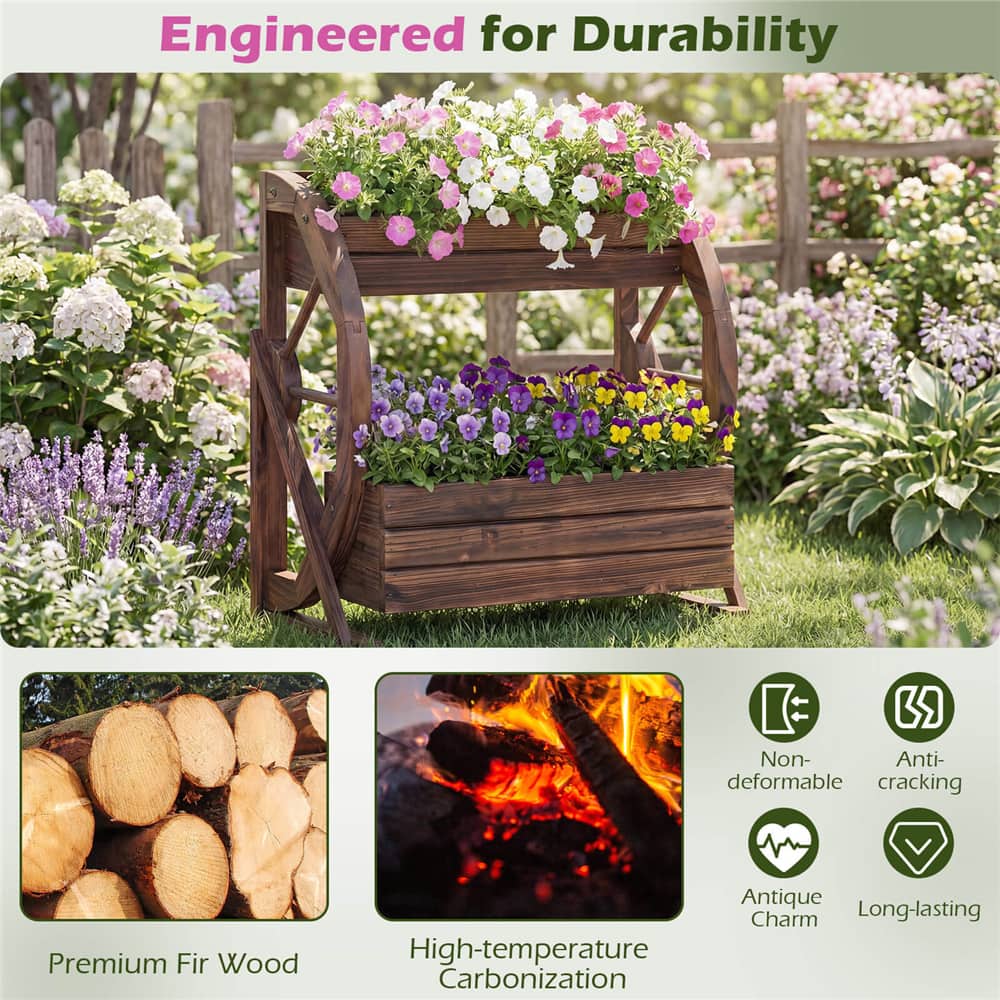 Costway 22" x 13" x 22" 2-Tier Rustic Wood Wagon Planter with Drainage Semi-Wheels Set
