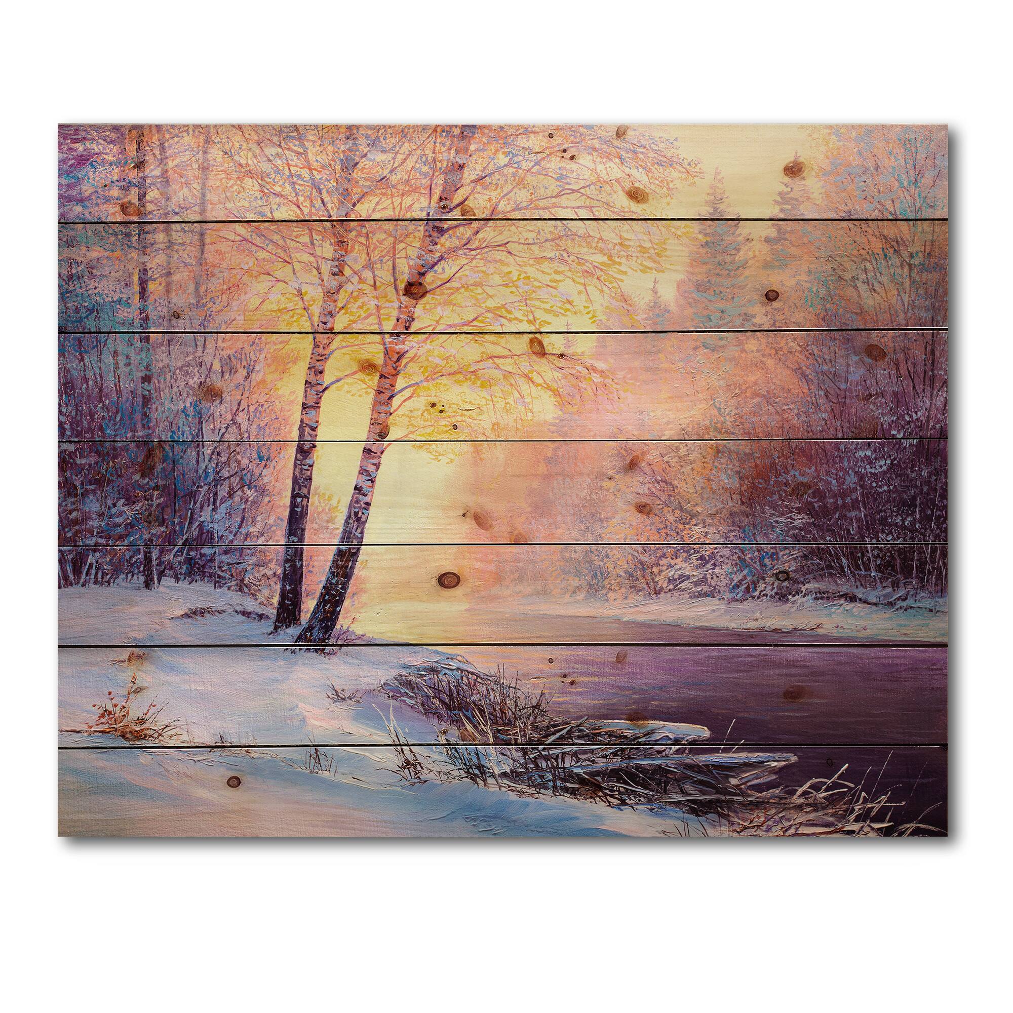 Designart - Winter Scenery With Bridge Of Meandering River II - Lake House Print on Natural Pine Wood