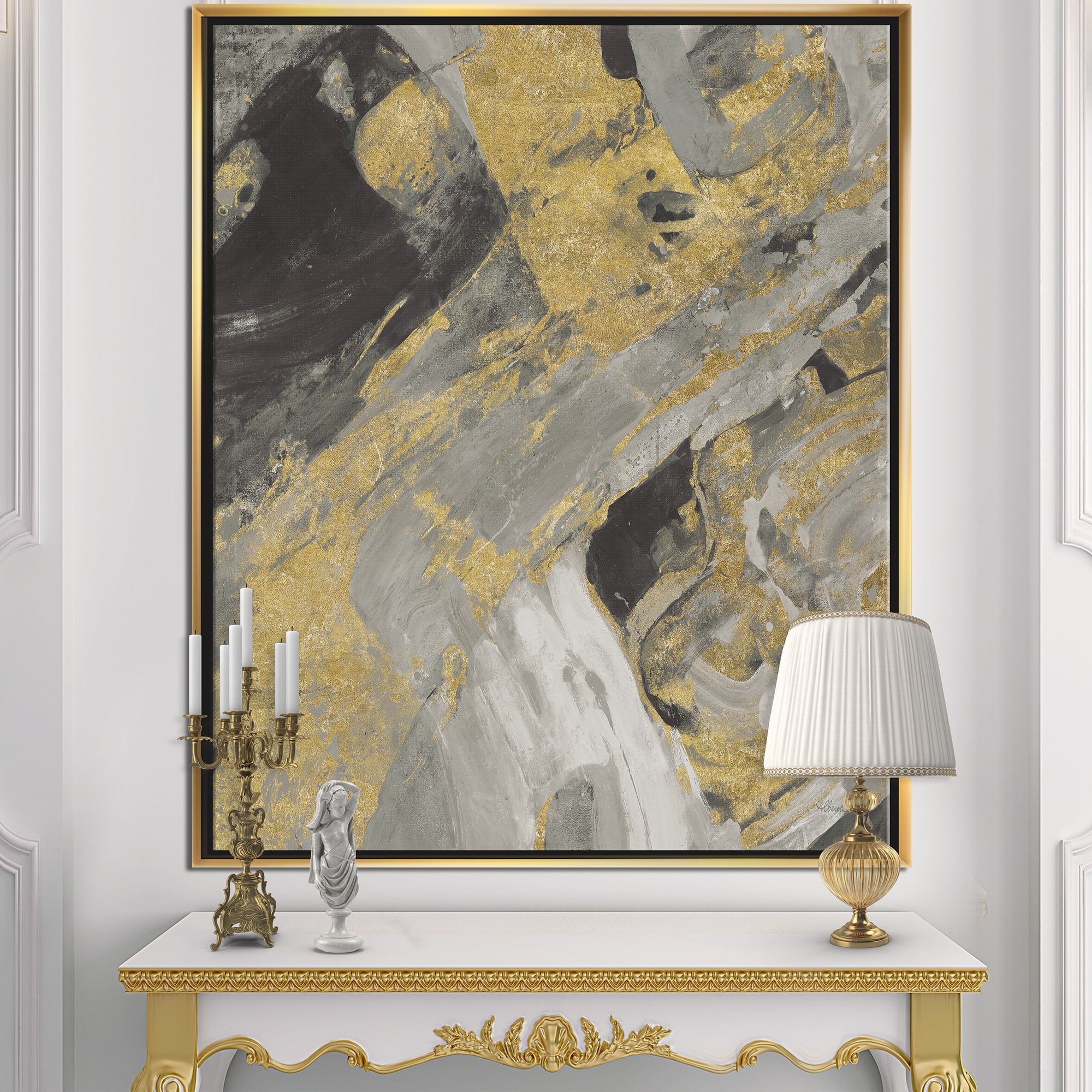 Designart - Marble Gold and Black - Modern & Contemporary Canvas in Gold Frame