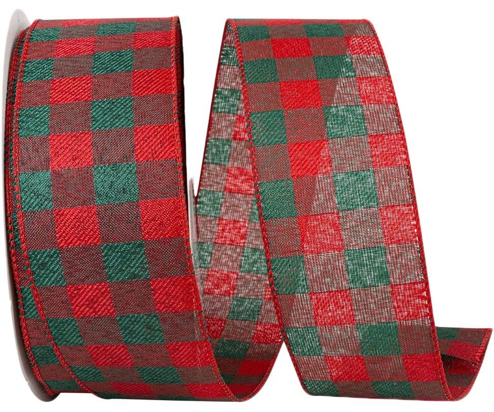 JAM Paper 2.5" x 50yd. Red & Green Traditional Christmas Check Wired Edge Ribbon