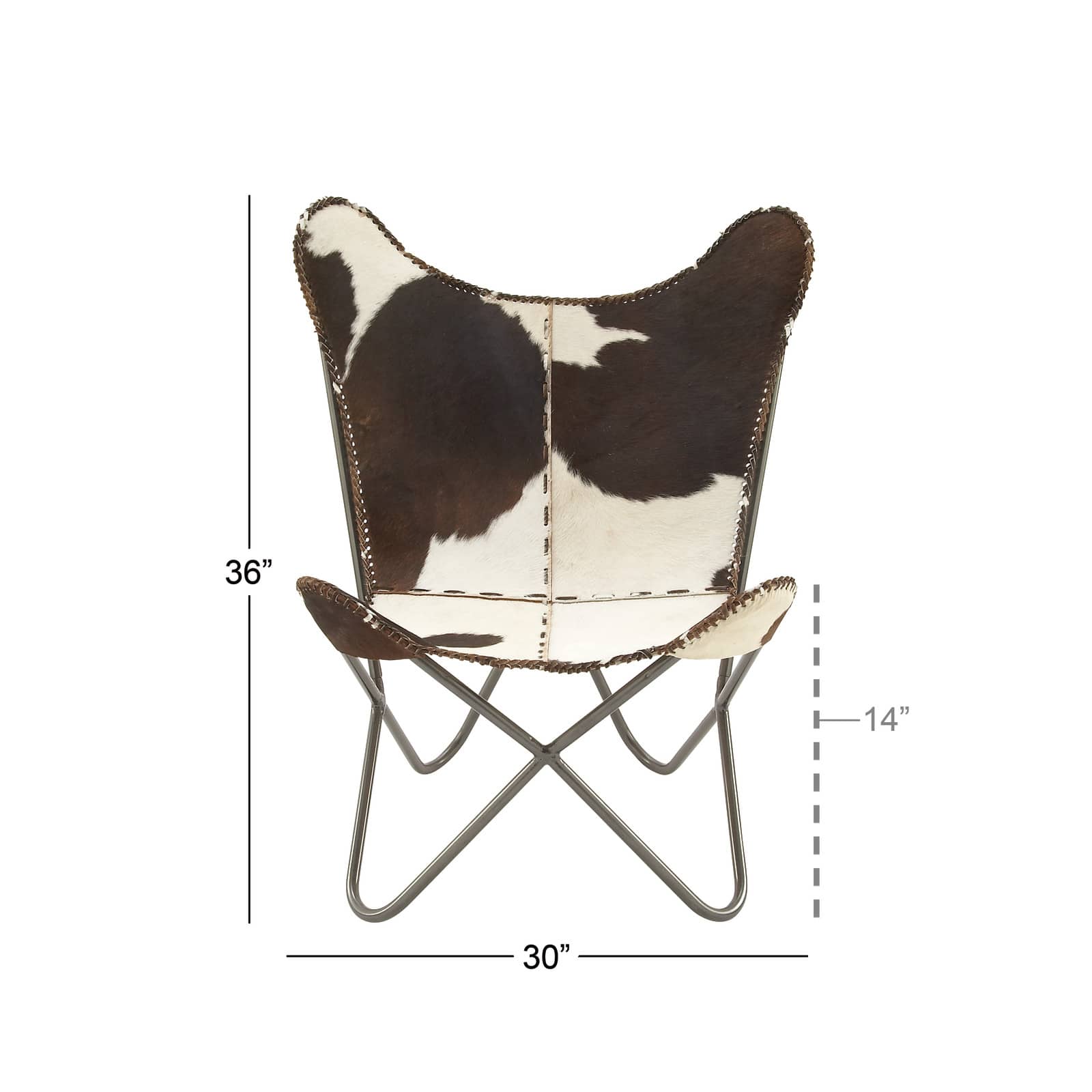 White Cow Hide Leather and Iron Rustic Accent Chair, 36" x 29" x 30"