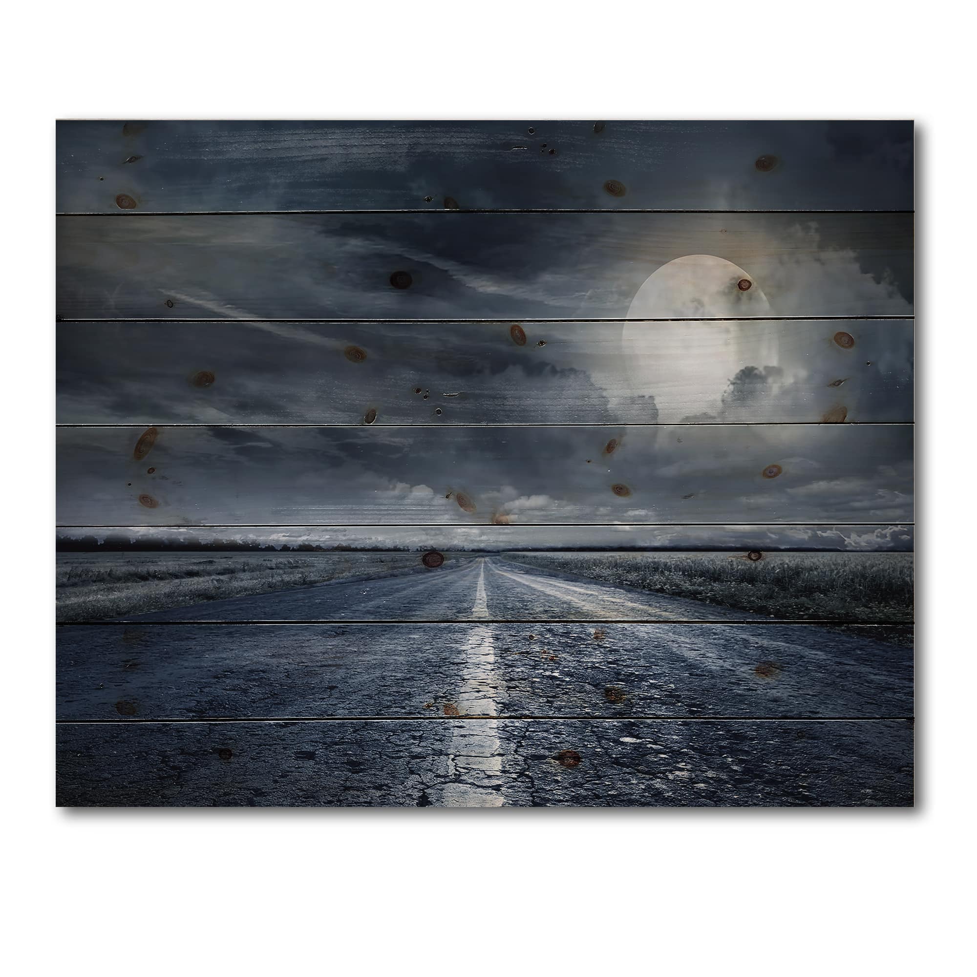 Designart - Asphalt Road Under Cloudy Full Moon II - Nautical & Coastal Print on Natural Pine Wood