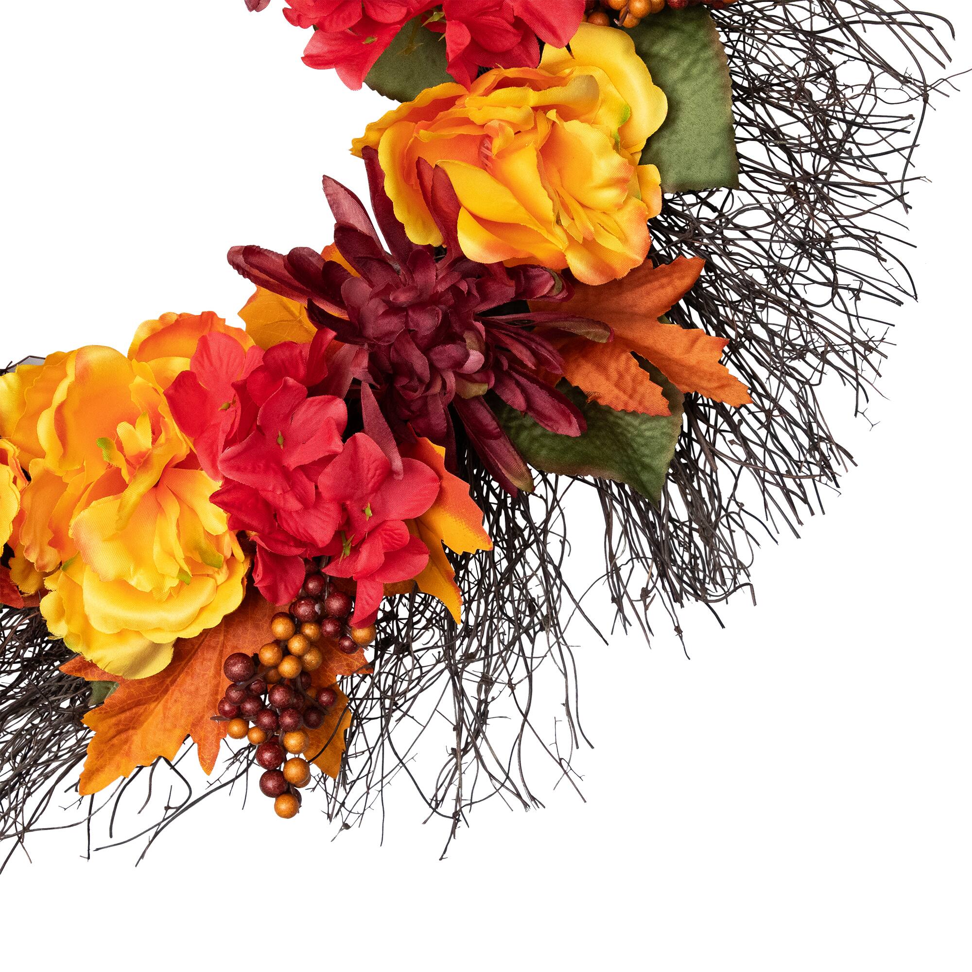 24" Autumn Harvest Peony, Mum & Feather Thanksgiving Wreath, Unlit